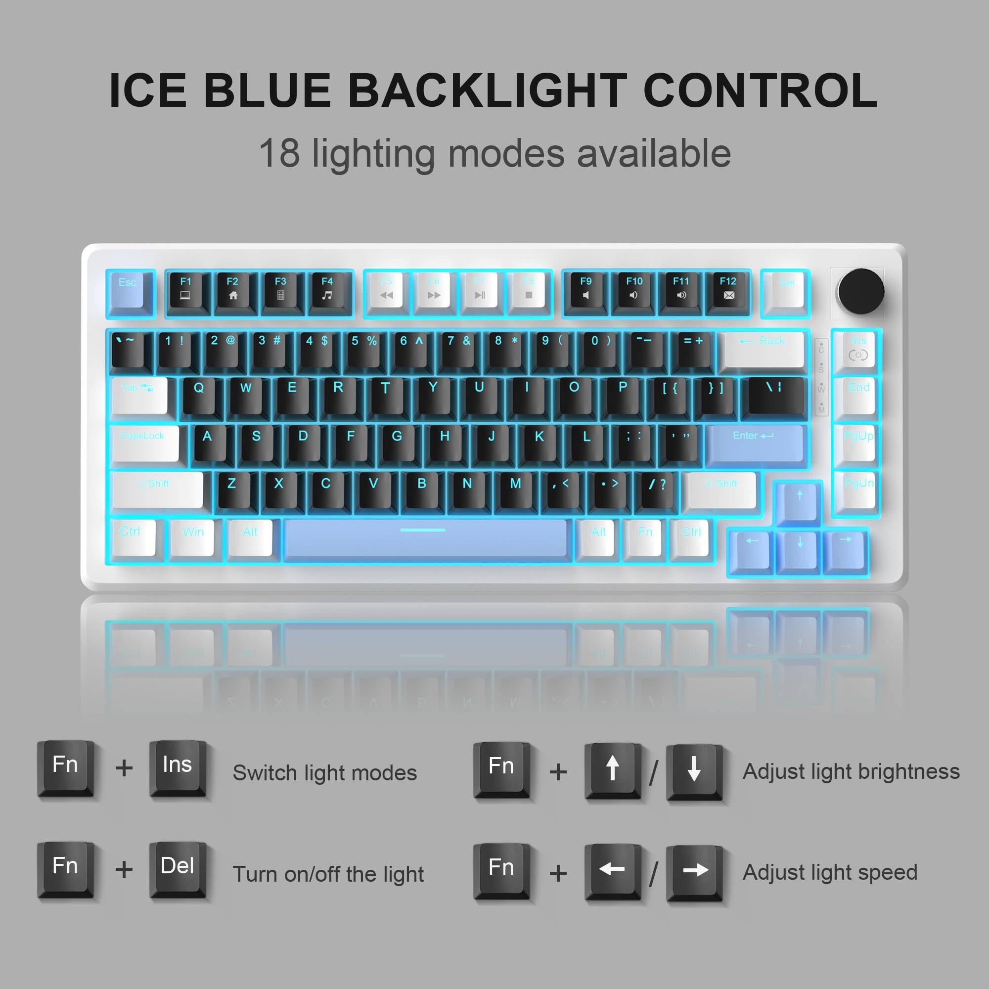 ICE BLUE BACKLIGHT CONTROL  
18 lighting modes available  

Ese F F2 3 4 d FS 4 O F7 H F - . FS A F10 4 F11 . F12 DN TH 1 - Q 2 G W 3 E E 4 S R 5 % T 6 A Y 7 & U a 4 I 2 : o O - P E { - . ) I Back 2 : 3 - and CapsLock A S D F G H J K L Entor - PoUp esh Z x C V B N M > 1 Shn PoUn Ctri Win Alt ARt En Ctrl - - 1 d . . - - 4 " Fn + Ins Switch light modes Fn + / Adjust light brightness Fn + Del Turn on/off the light Fn + / Adjust light speed