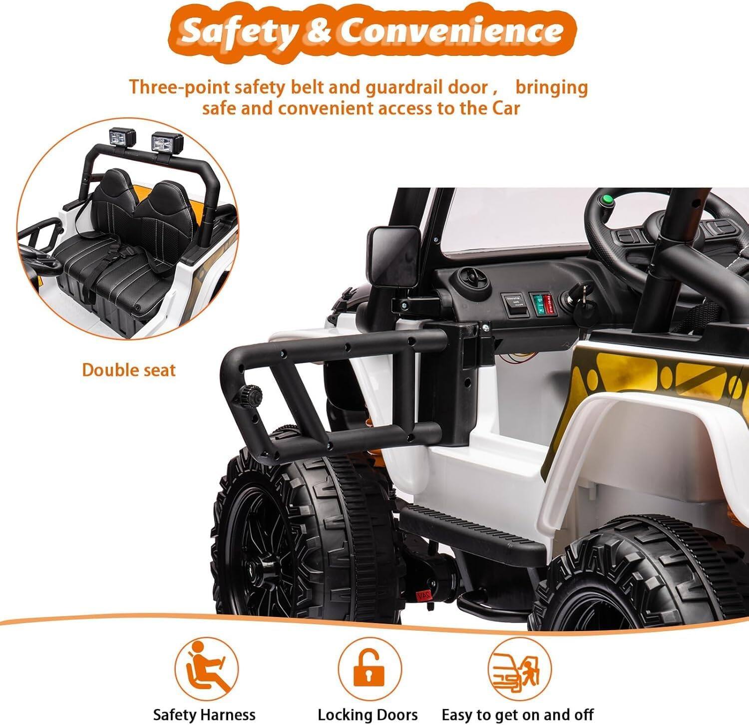 Safety & Convenience

Three-point safety belt and guardrail door, bringing safe and convenient access to the Car

Double seat

Safety Harness
Locking Doors
Easy to get on and off