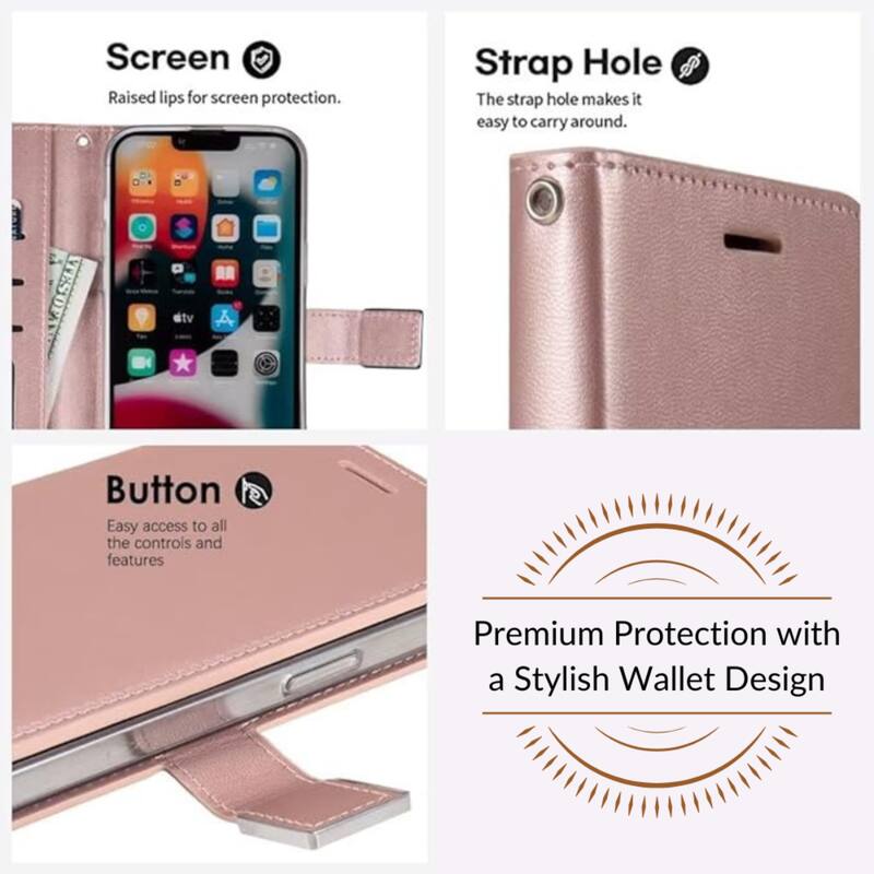 Screen  
Raised lips for screen protection.

Strap Hole  
The strap hole makes it easy to carry around.

Button  
Easy access to all the controls and features

Premium Protection with a Stylish Wallet Design