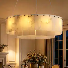 Siljoy - 24-inch Modern 9-Light Brass Gold Round Alabaster Chandelier Height Adjustable Pendant for Dining Kitchen Entryway - Alabaster White