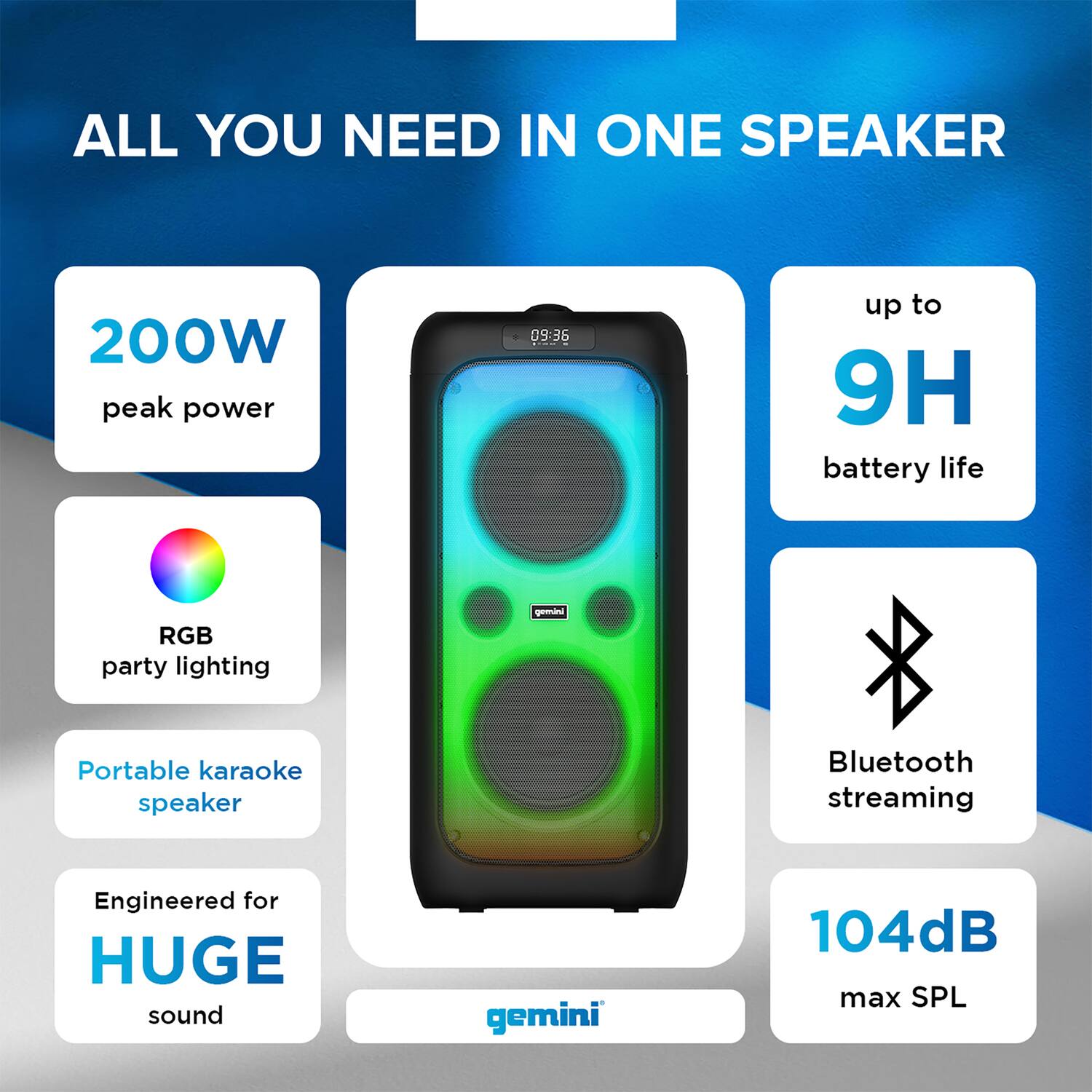 ALL YOU NEED IN ONE SPEAKER

- 200W peak power
- up to 9H battery life
- RGB party lighting
- Portable karaoke speaker
- Engineered for HUGE sound
- Bluetooth streaming
- 104dB max SPL