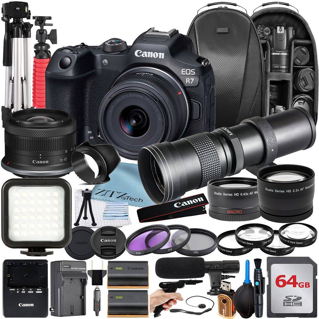 Canon - EOS R7 Mirrorless Camera with 18-45 Lens + 64GB Card + Backpack + ZeeTech Bundle (International Version) - Black