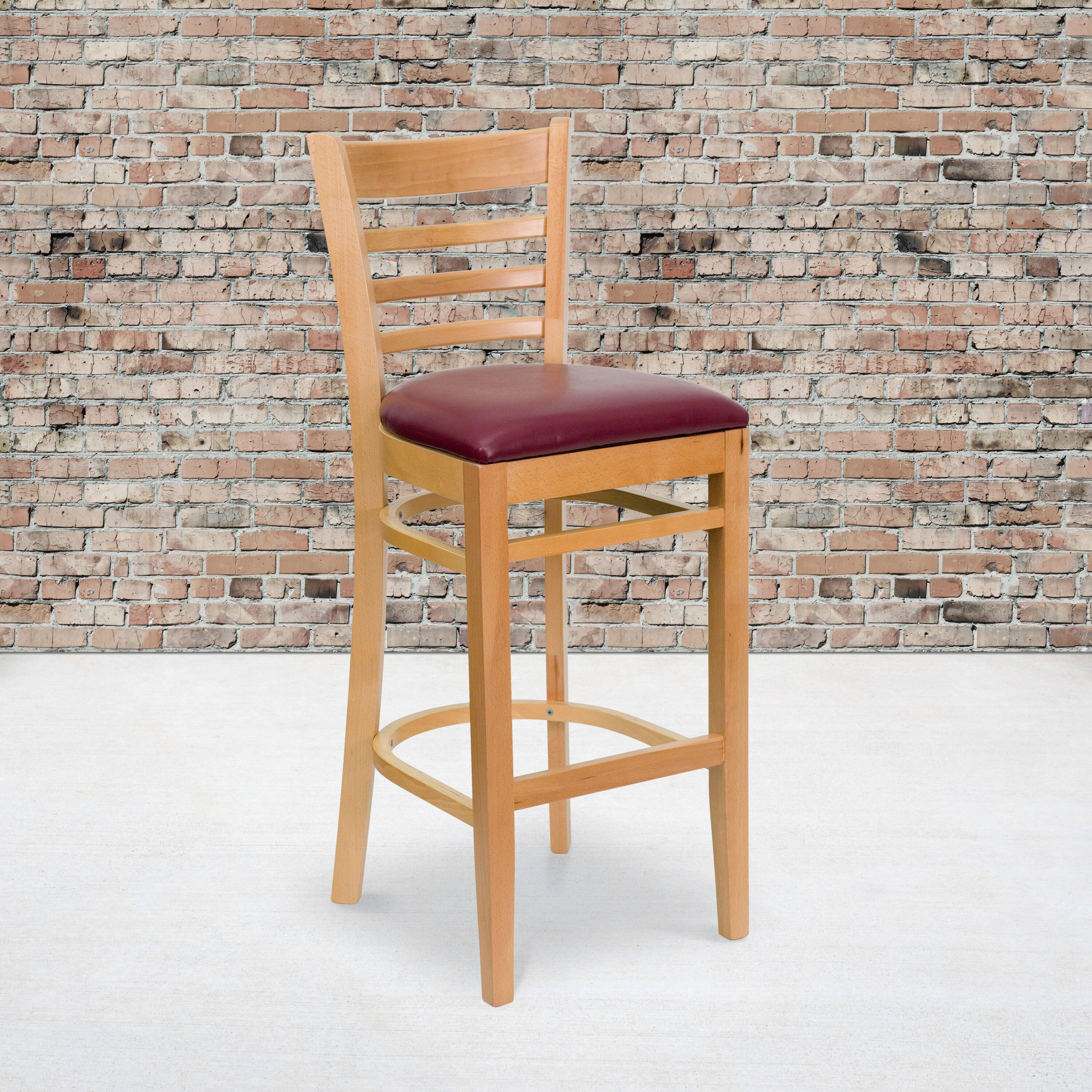 Angle. Flash Furniture - HERCULES Series Ladder Back Natural Wood Restaurant Barstool - Burgundy Vinyl Seat - Burgundy.