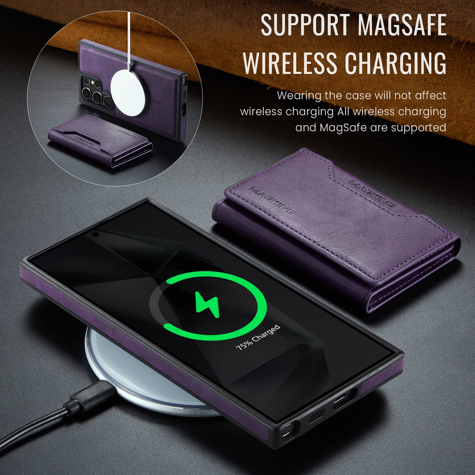 SUPPORT MAGSAFE WIRELESS CHARGING  
Wearing the case will not affect wireless charging. All wireless charging and MagSafe are supported.  
MRGKING  
75% Charged