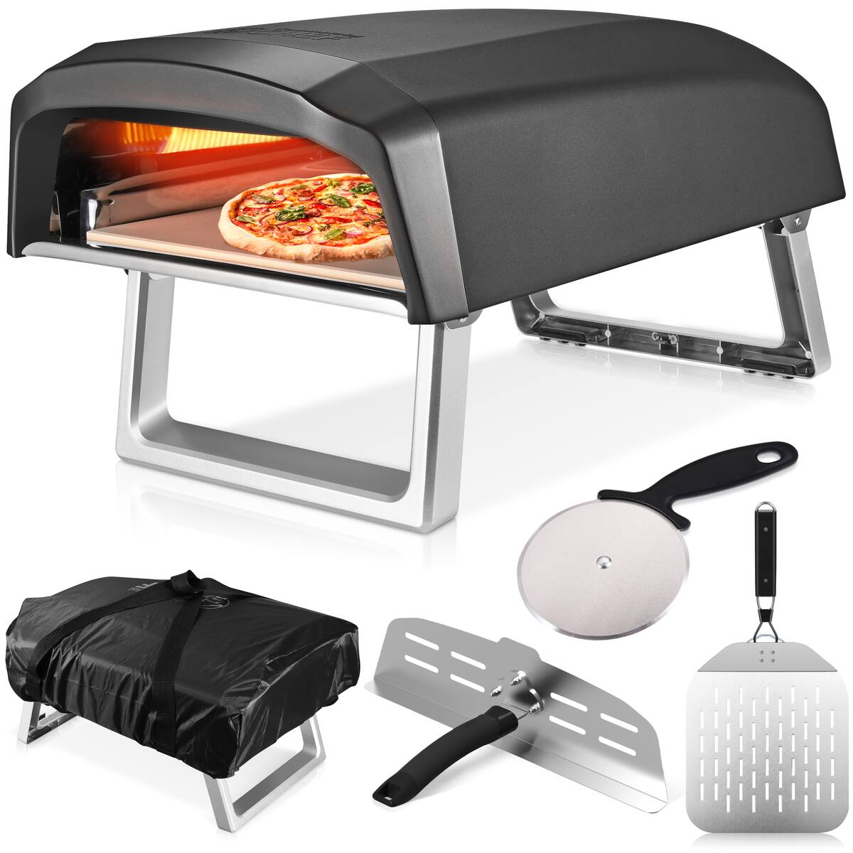 Commercial Chef - Pizza Oven Outdoor - 12" Propane Gas Portable Outside with Bundle (L-Shaped Burner) - Black