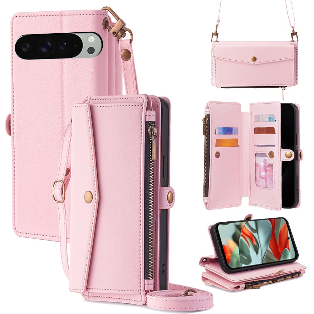 Dteck - Crossbody Wallet Case for Google Pixel 9 Pro with Zipper Purse, Shockproof Protective Cover with Kickstand - Pink