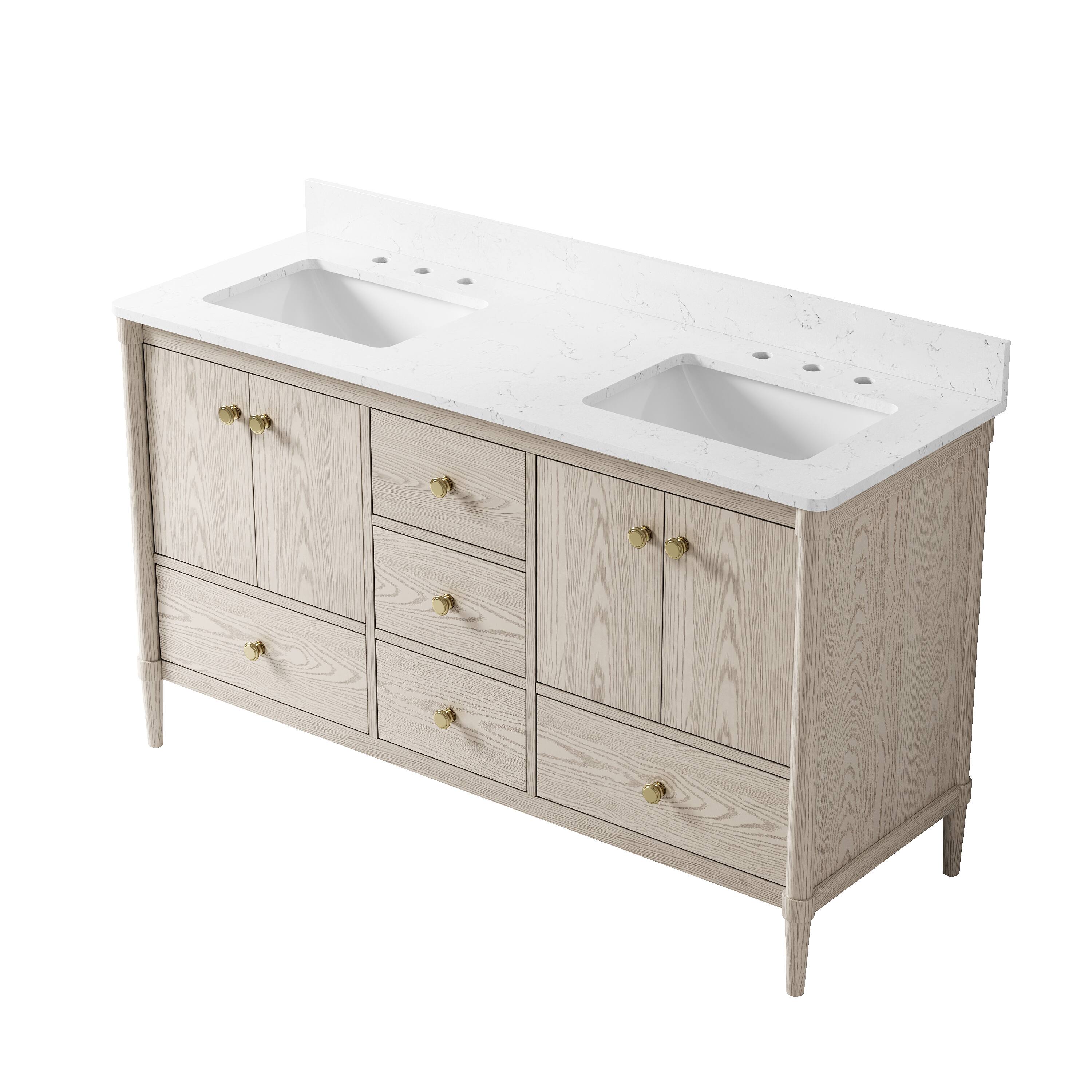Alt View 9. WELLFOR - ETHAN 60 in. Solid Wood Bath Vanity with Quartz Top, Double Sink, Soft Close, Assembled - OAK.