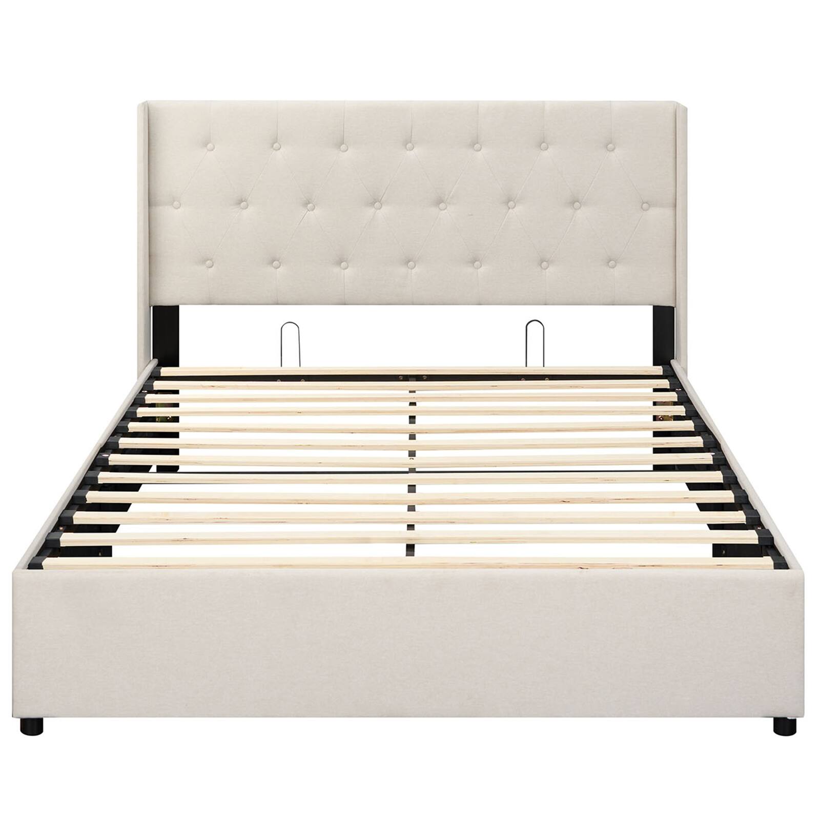 Alt View 5. LUCKY ONE - Queen Assembled Lift-up Storage Bed with Linen Upholstered Wingback Headboard Gas Struts - Beige.
