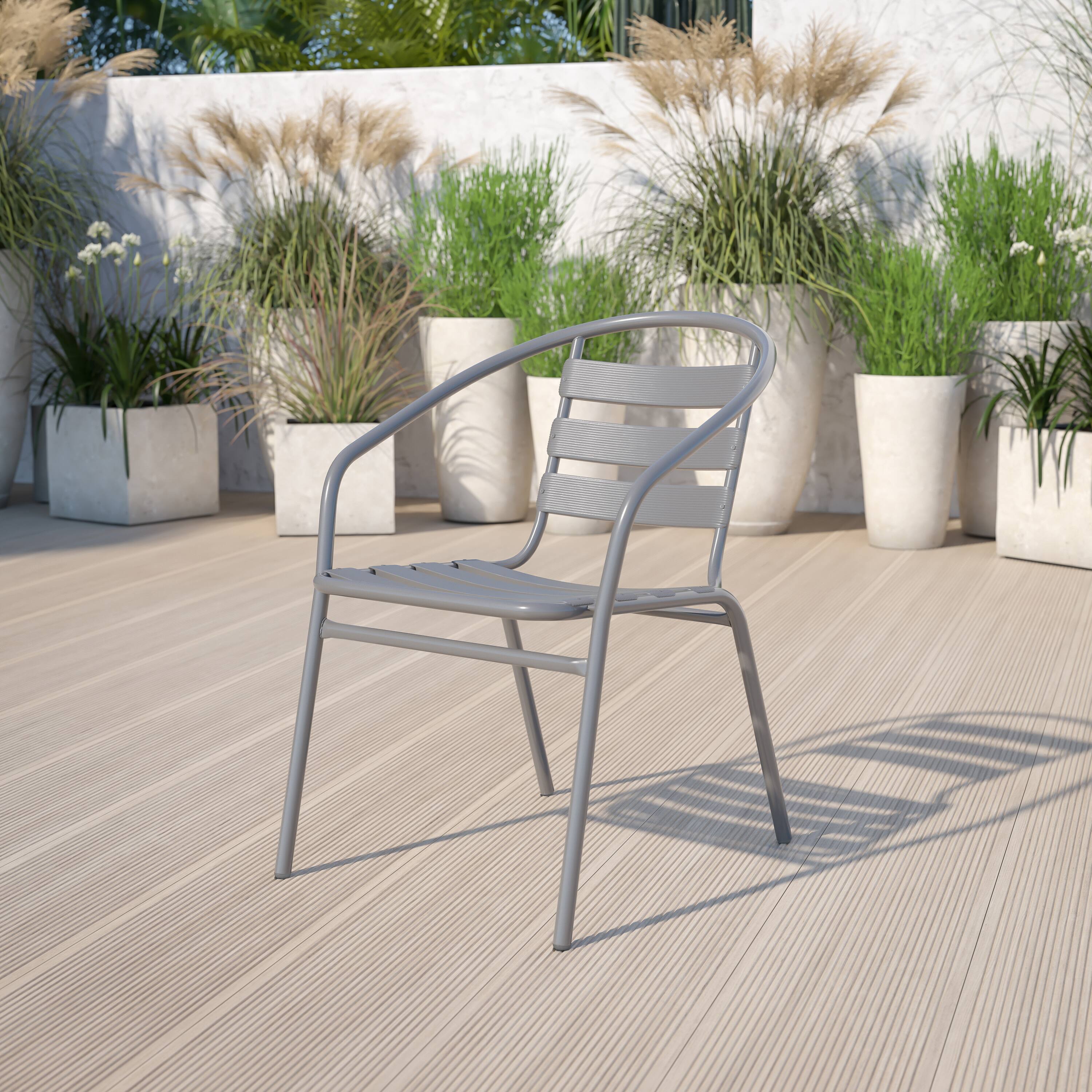 Alt View 1. Emma + Oliver - Metal Restaurant Dining Stack Chair with Aluminum Slats - Silver.