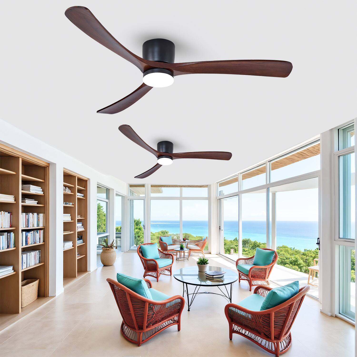 Angle. Domanki - 60" Wood Ceiling Fan with Lights Remote, Reversible DC Motor 6-Speed, 3 Blades Low Profile Flush Mount Ceiling Fans - Black.