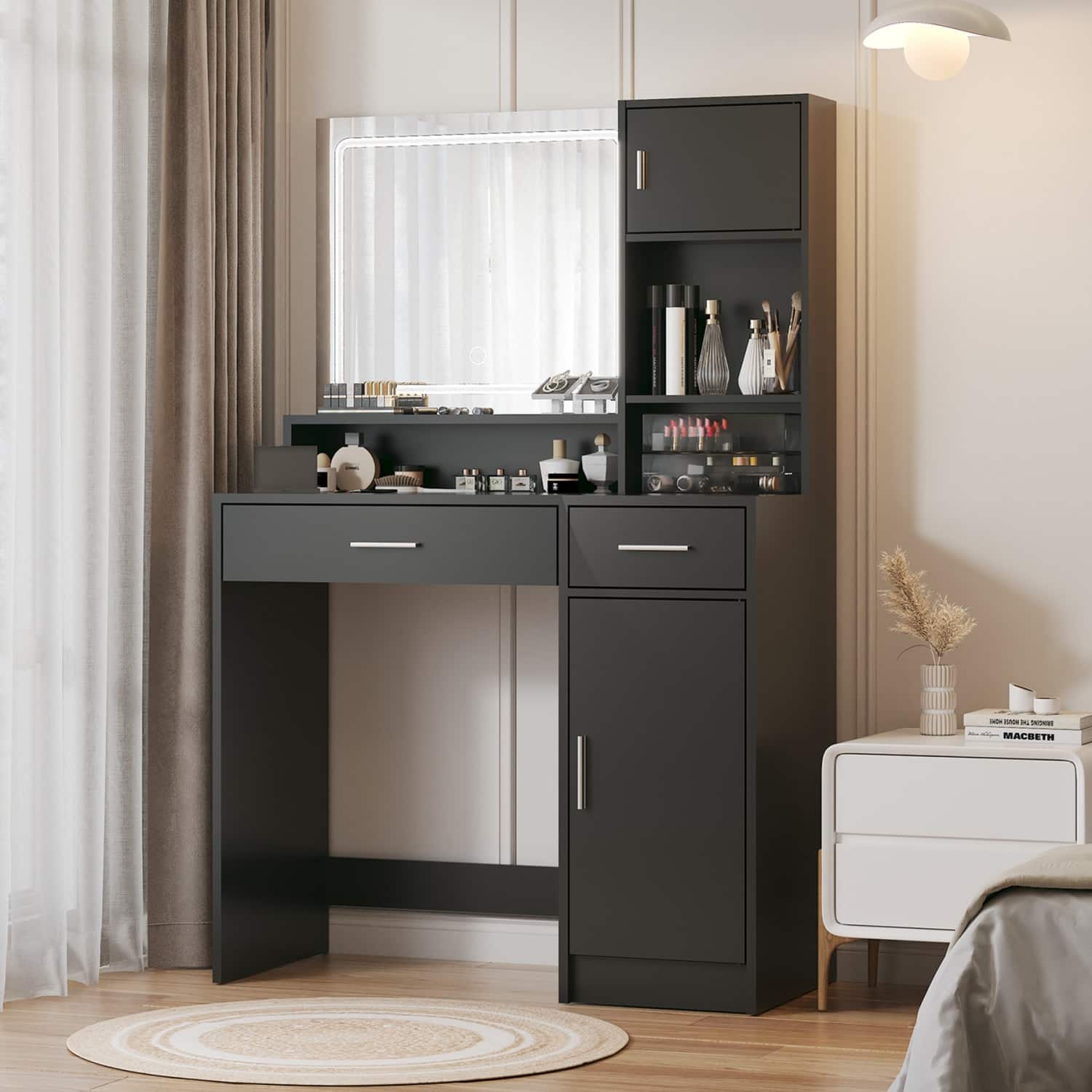 Lirago - Wood Dresser Table Desk with LED Mirror 3-Light Modes Dressing Table 15.7”D x 35.4“ W x 53.9“ H - Black