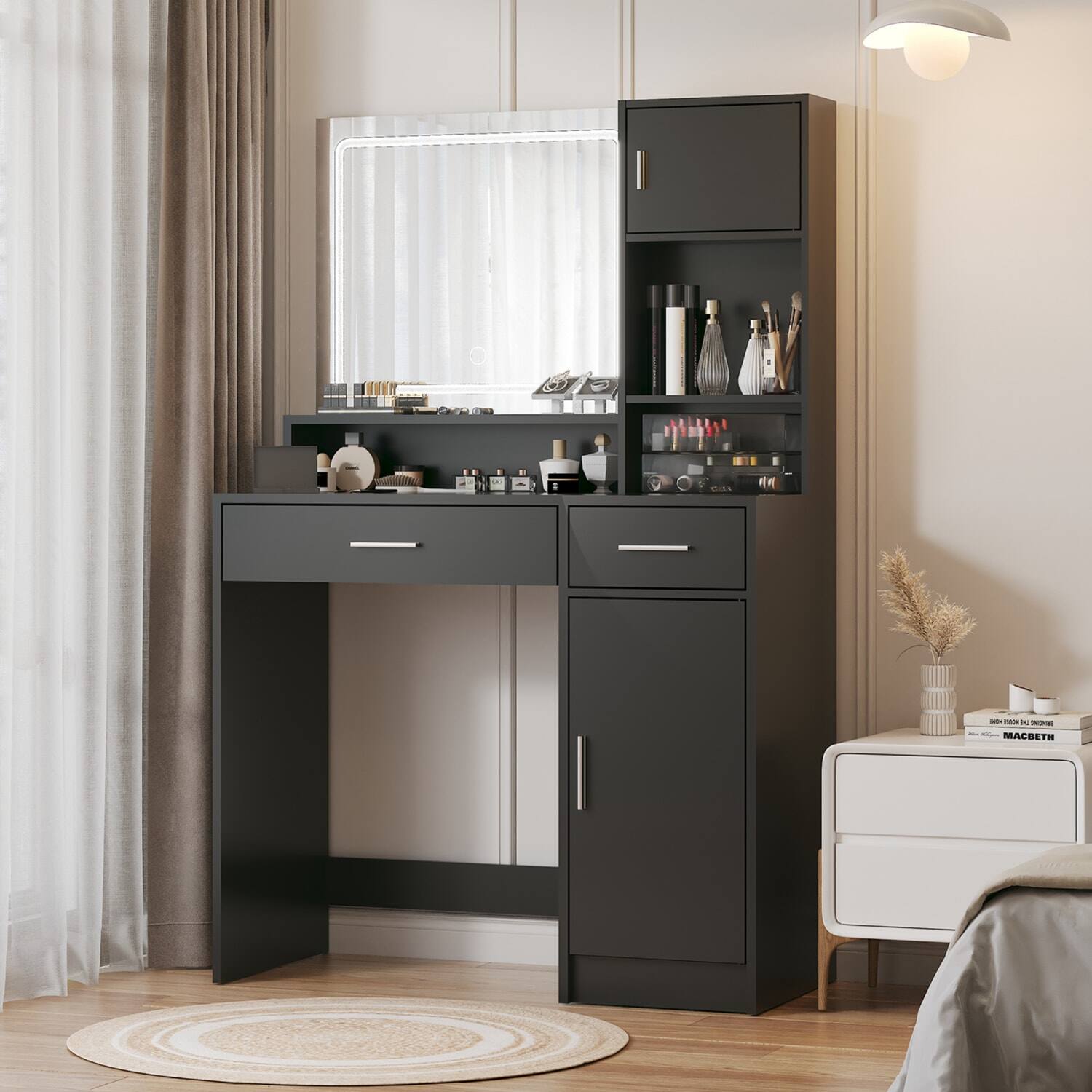 Lirago - Wood Dresser Table Desk with LED Mirror 3-Light Modes Dressing Table 15.7”D x 35.4“ W x 53.9“ H - Black