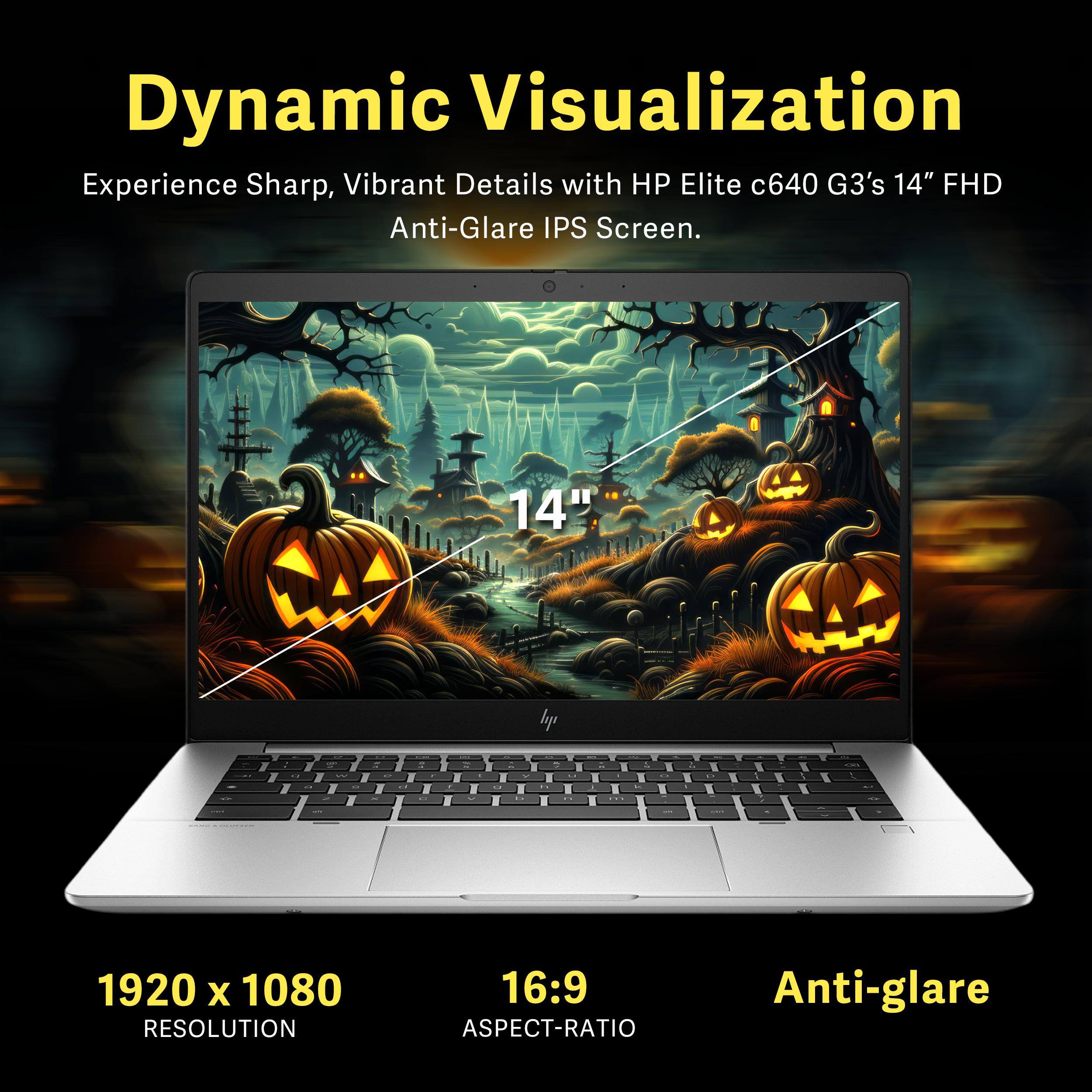 Dynamic Visualization  
Experience Sharp, Vibrant Details with HP Elite c640 G3's 14" FHD Anti-Glare IPS Screen.

14"  
1920 x 1080 RESOLUTION  
16:9 ASPECT-RATIO  
Anti-glare