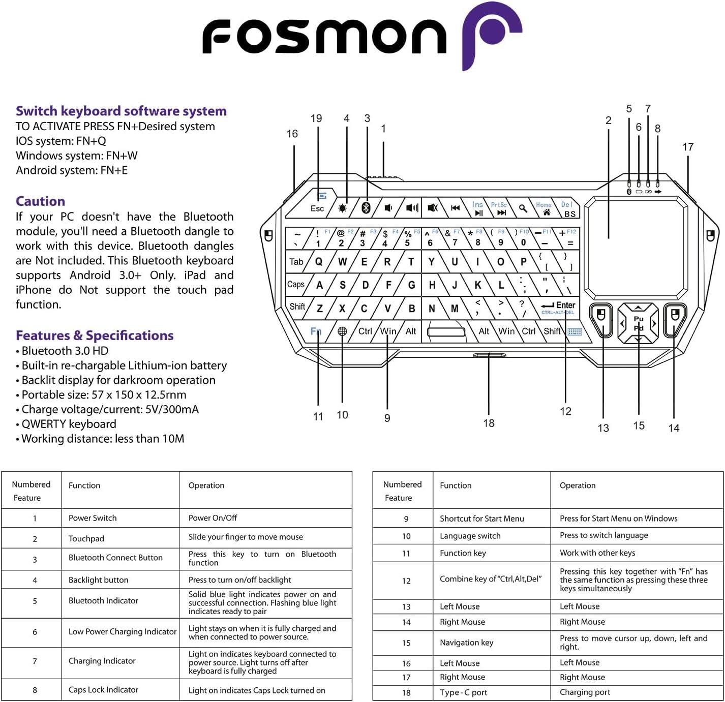 Fosmon Switch keyboard software system  
TO ACTIVATE PRESS FN+Desired system  
IOS system: FN+Q  
Windows system: FN+W  
Android system: FN+E  

Caution: your PC doesn't have the Bluetooth module, you'll need Bluetooth dangle work with this device. Bluetooth dangles Not included. This Bluetooth keyboard supports Android 3.0+ Only. iPad and iPhone do Not support the touch pad function.  

Features & Specifications  
- Bluetooth 3.0 HD  
- Built-in re-chargable Lithium-ion battery  
- Backlit display for darkroom operation  
- Portable size: 57 x 150 x 12.5mm  
- Charge voltage/current: 5V/300mA  
- QWERTY keyboard  
- Working distance: less than 10M  

Numbered Feature | Function | Operation  
--- | --- | ---  
1 | Power Switch | Power On/Off  
2 | Touchpad | Slide your finger to move mouse  
3 | Bluetooth Connect Button | Press this key to turn on Bluetooth  
4 | Backlight button | Press to turn on/off backlight  
5 | Bluetooth Indicator | Solid blue light indicates power on and flashing light indicates ready to pair