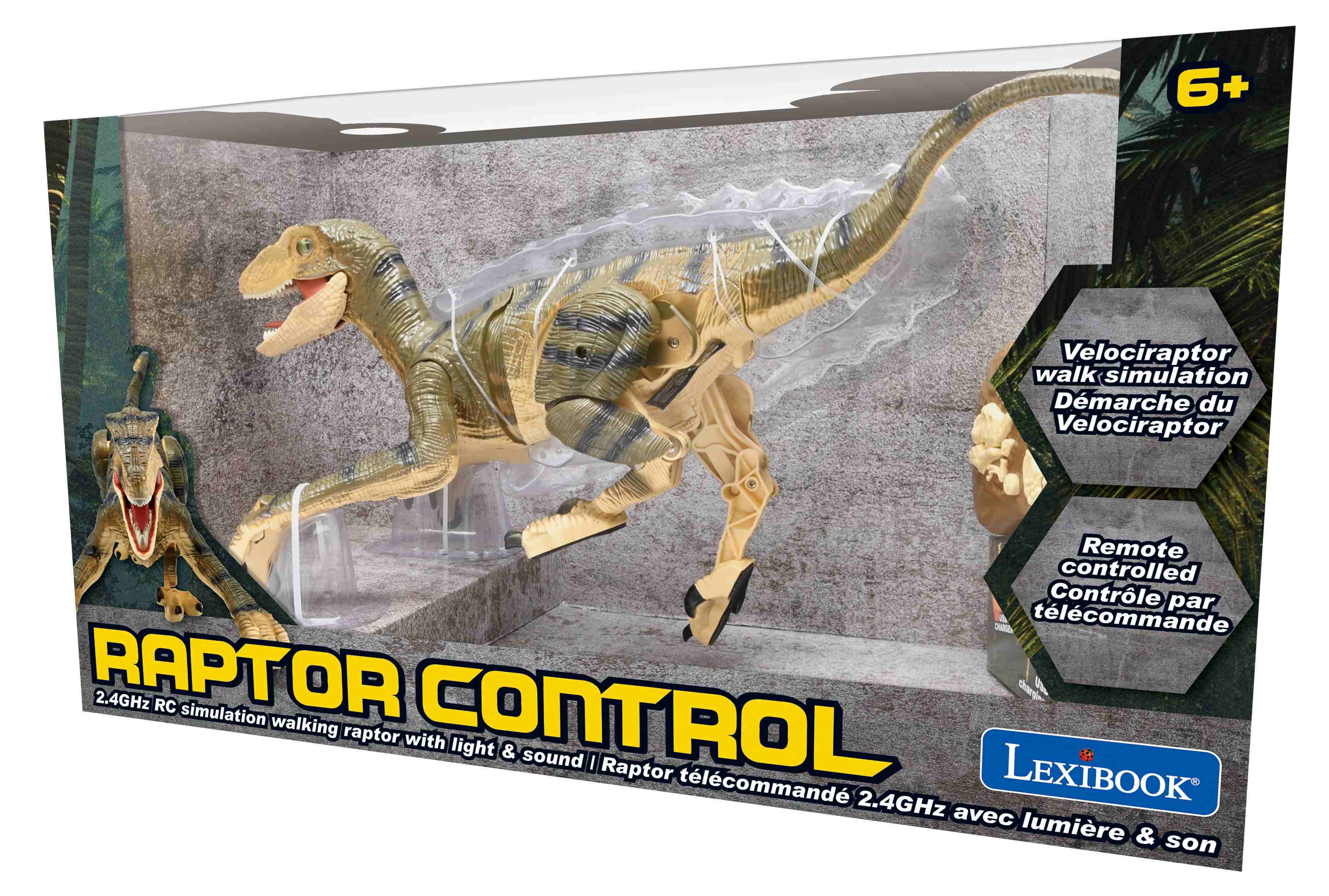 6+ Velociraptor walk simulation  
Démarche du Velociraptor  
Remote controlled  
Contrôle par télécommande  
RAPTOR 2.4GHz RC simulation walking raptor with CONTROL light & sound  
I Raptor télécommandé  
LEXIBOOK 2.4GHz avec lumière & son