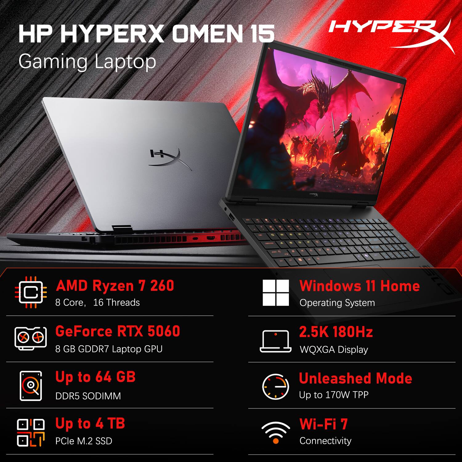 HP HyperX Omen 15 Gaming Laptop

- AMD Ryzen 7 260 8 Core, 16 Threads
- Windows 11 Home Operating System
- GeForce RTX 5060 8 GB GDDR7 Laptop GPU
- 2.5K 180Hz WQXGA Display
- Up to 64 GB DDR5 SODIMM
- Unleashed Mode Up to 170W TPP
- Up to 4 TB PCIe M.2 SSD
- Wi-Fi 7 Connectivity