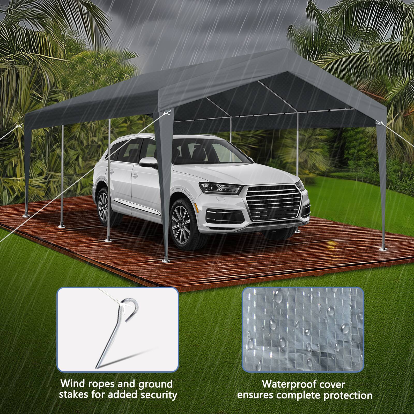 Wind ropes and ground stakes for added security. Waterproof cover ensures complete protection.