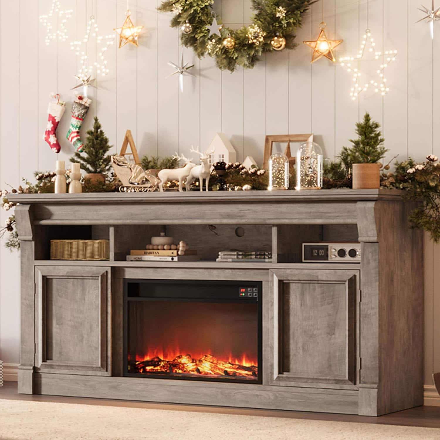 Babevy - 58" Farmhouse Fireplace TV Stand, Entertainment Center with Open Storage Cabinets, Media Console for Living Room - Gray