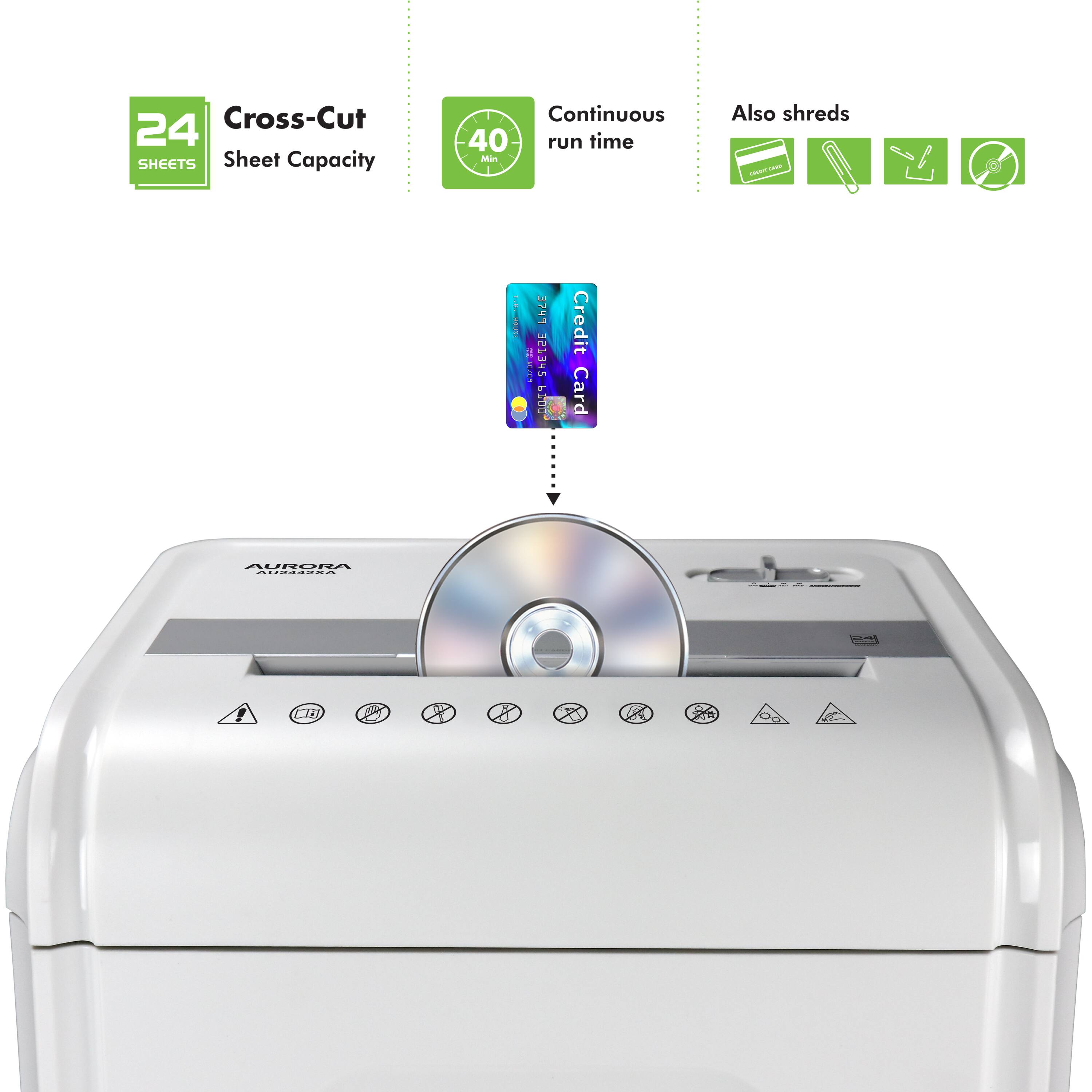 Cross-Cut 24 SHEETS Sheet Capacity Continuous 40 run time Min Also shreds Credit Card