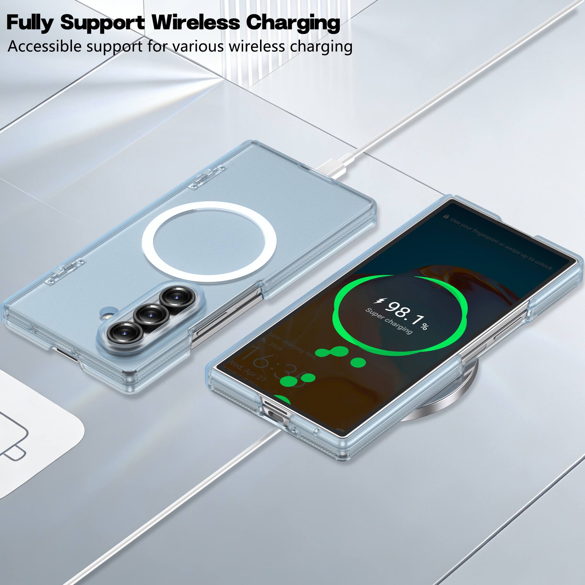 Fully Support Wireless Charging  
Accessible support for various wireless charging  

Super 98.1% charging  

Use your fingerprint to wake up to unlock  

Wed, Apr 27 16:34