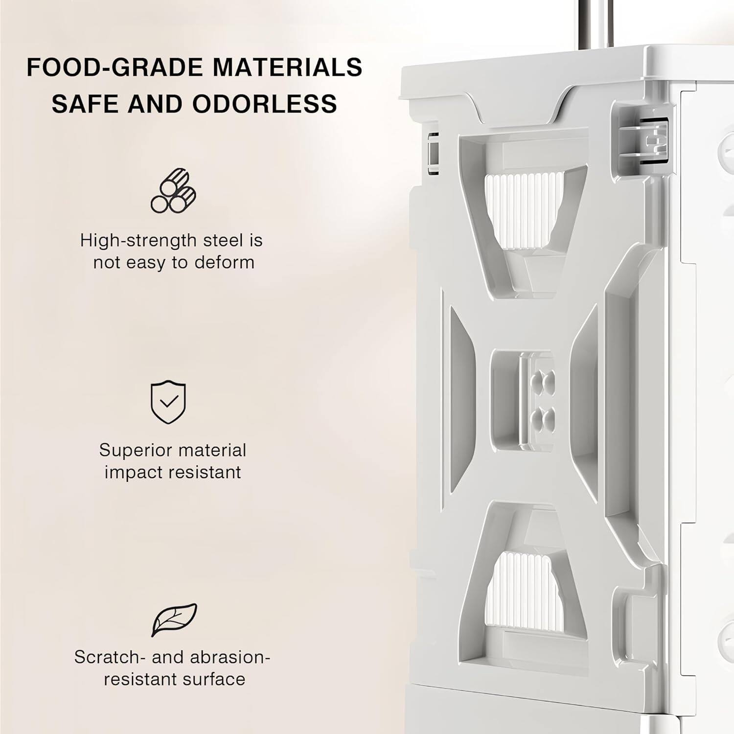 FOOD-GRADE MATERIALS  
SAFE AND ODORLESS  

- High-strength steel is not easy to deform  
- Superior material impact resistant  
- Scratch- and abrasion-resistant surface
