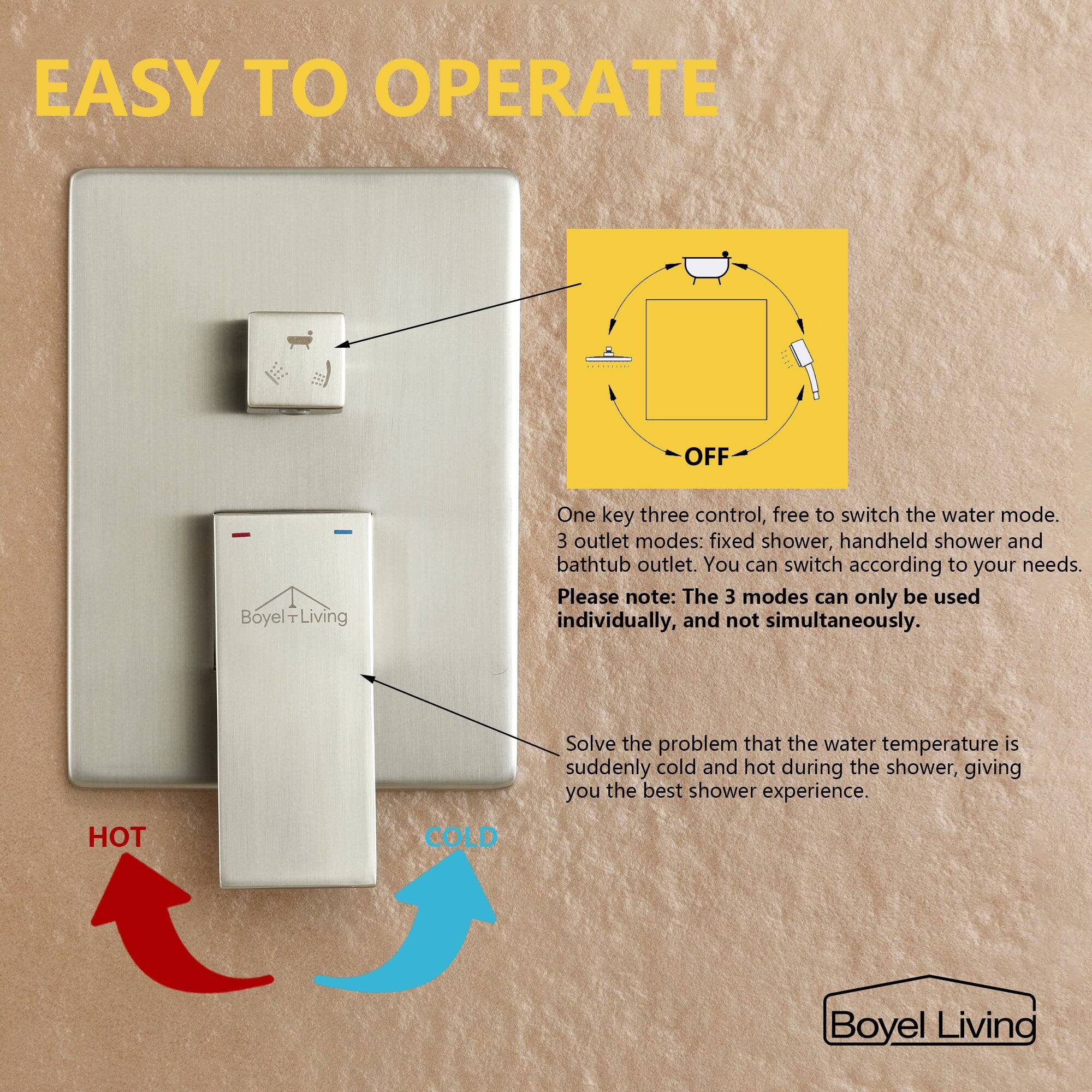 EASY TO OPERATE

Boyel T Living

One key three control, free to switch the water mode.
3 outlet modes: fixed shower, handheld shower and bathtub outlet. You can switch according to your needs.
Please note: The 3 modes can only be used individually, and not simultaneously.
Solve the problem that the water temperature is suddenly cold and hot during the shower, giving you the best shower experience.

HOT COLD

Boyel Living