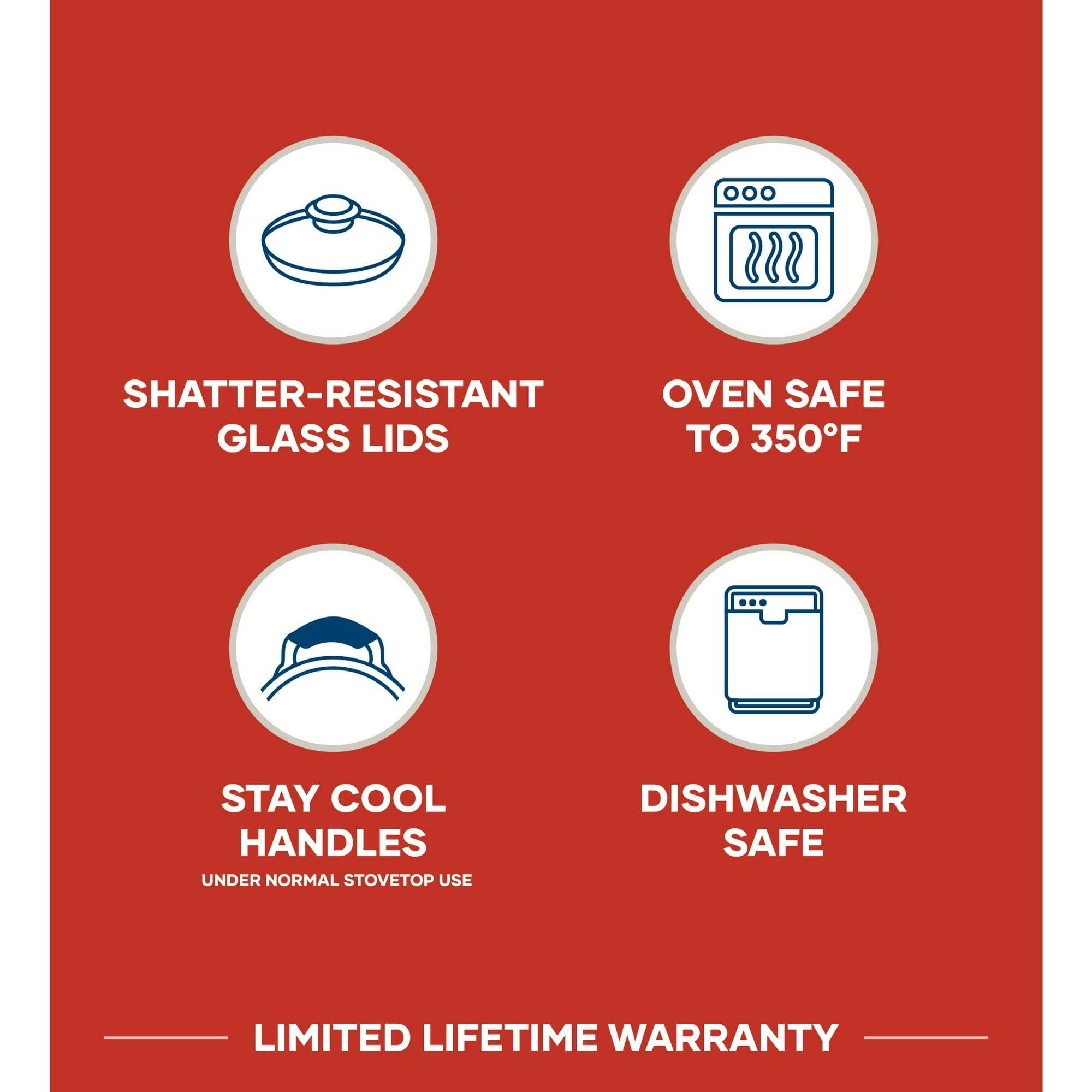 SHATTER-RESISTANT OVEN SAFE GLASS LIDS TO 350°F  
STAY COOL HANDLES UNDER NORMAL STOVETOP USE  
DISHWASHER SAFE  
LIMITED LIFETIME WARRANTY