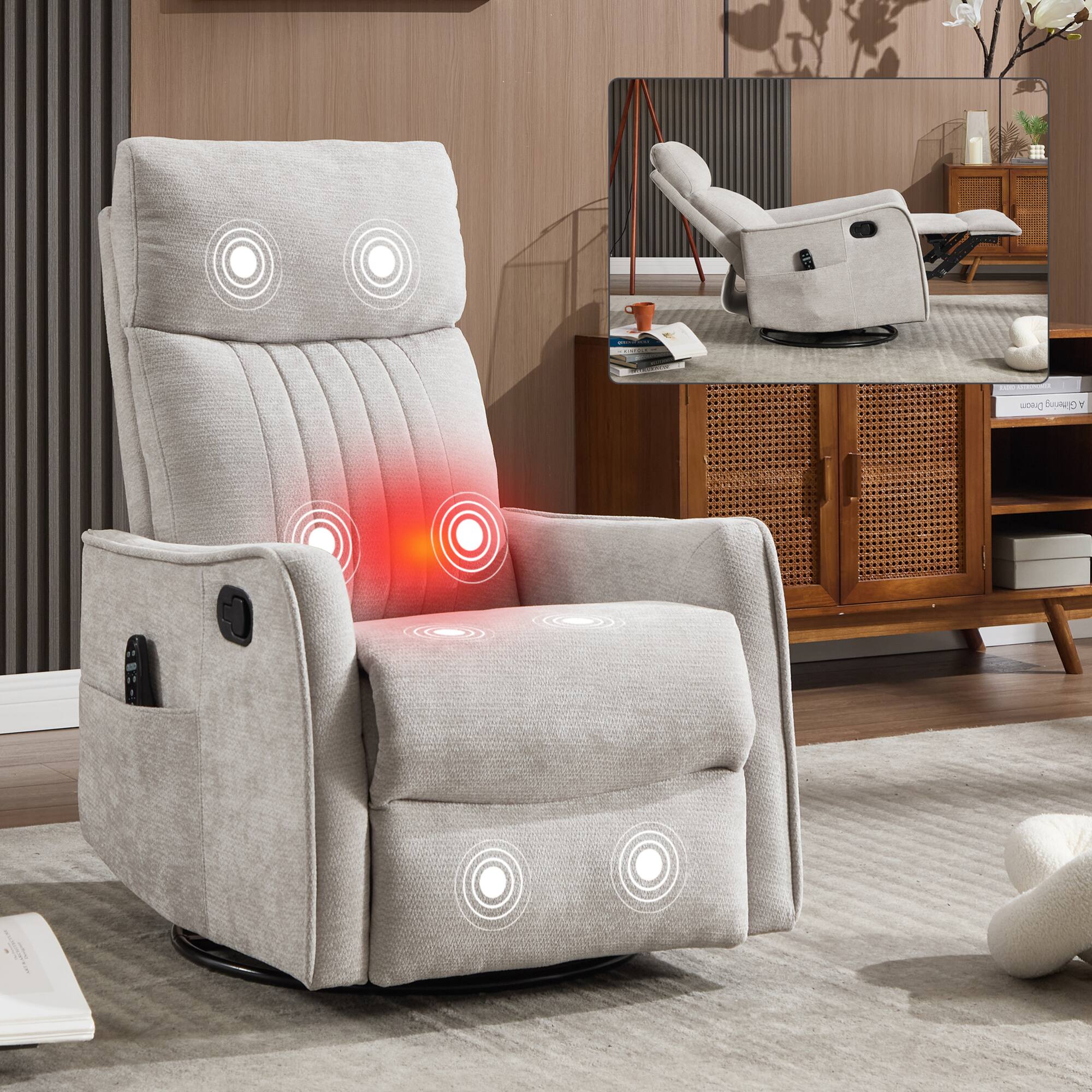 Alt View 8. GOODSILO - Fabric Recliner Chair with Swivel Rocker Heat Massage and Vibrating Nodes for Ultimate Relaxation - Light Gray.