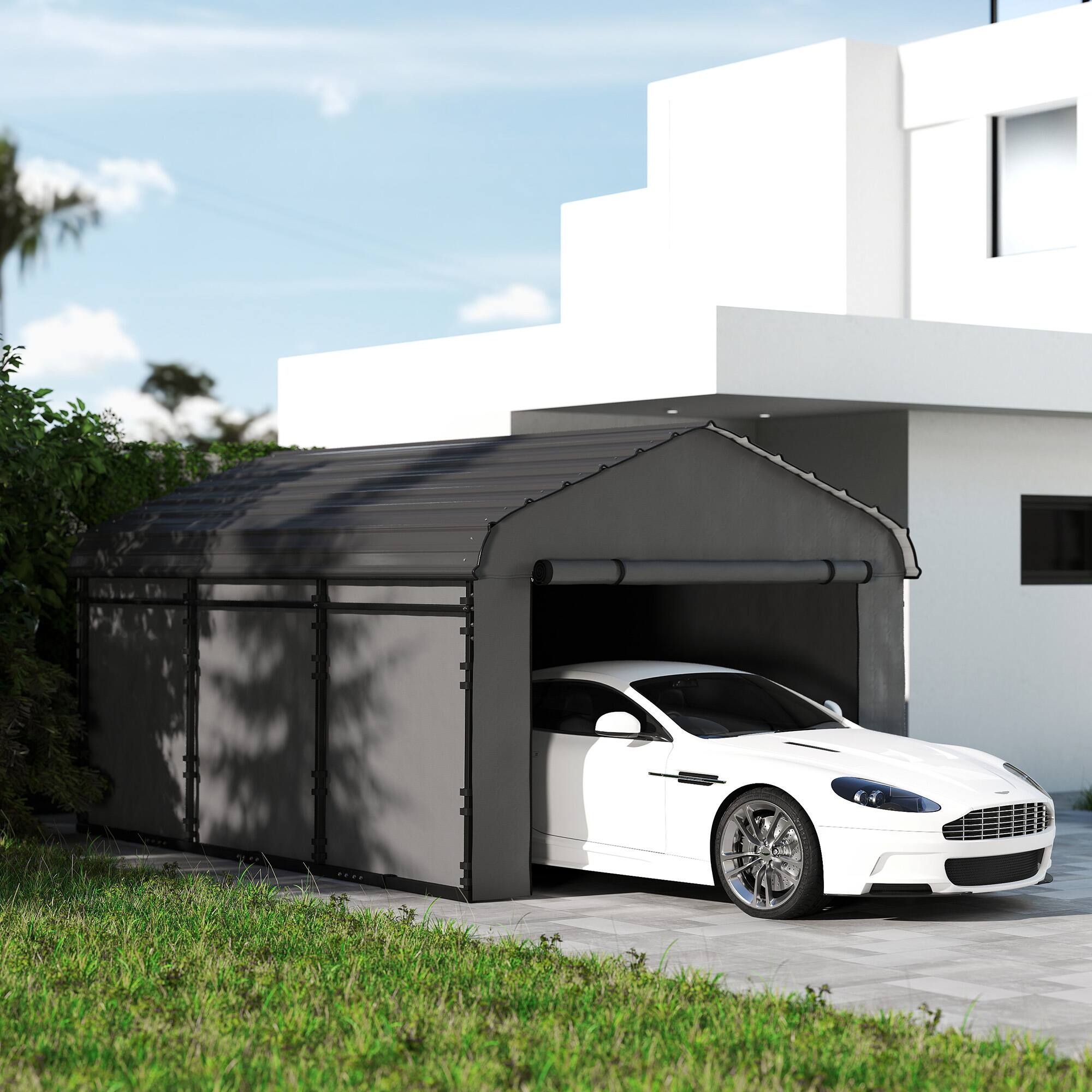Alt View 1. Outsunny - x 15' Metal Carport, Heavy Duty Garage Car Canopy with Galvanized Metal Roof and Removable Sidewalls - Dark Gray.