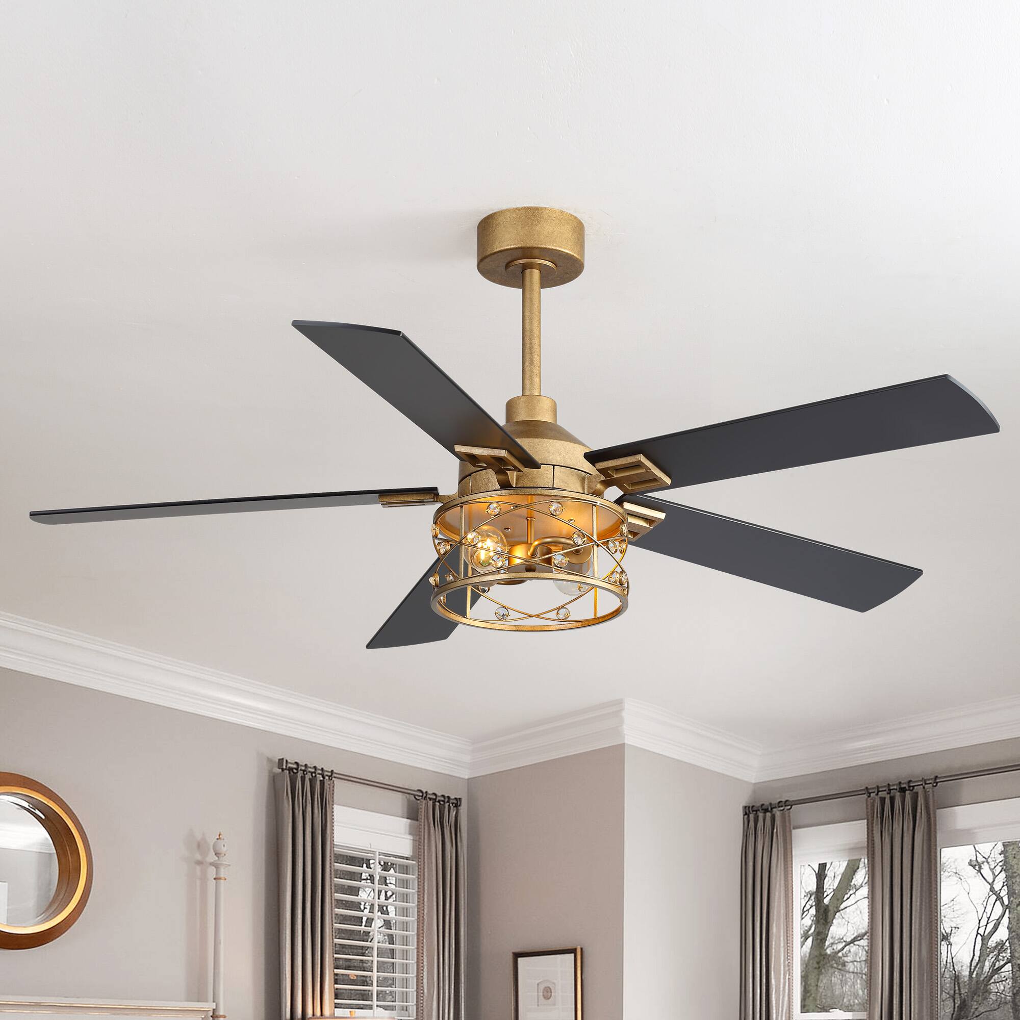 Left. Breezary - 52-In Ceiling Fan with Crystal Light Fixture, 5 Reversible Plywood Blades, DC Motor, Remote Control, Includes 2 Downrods - black and golden.