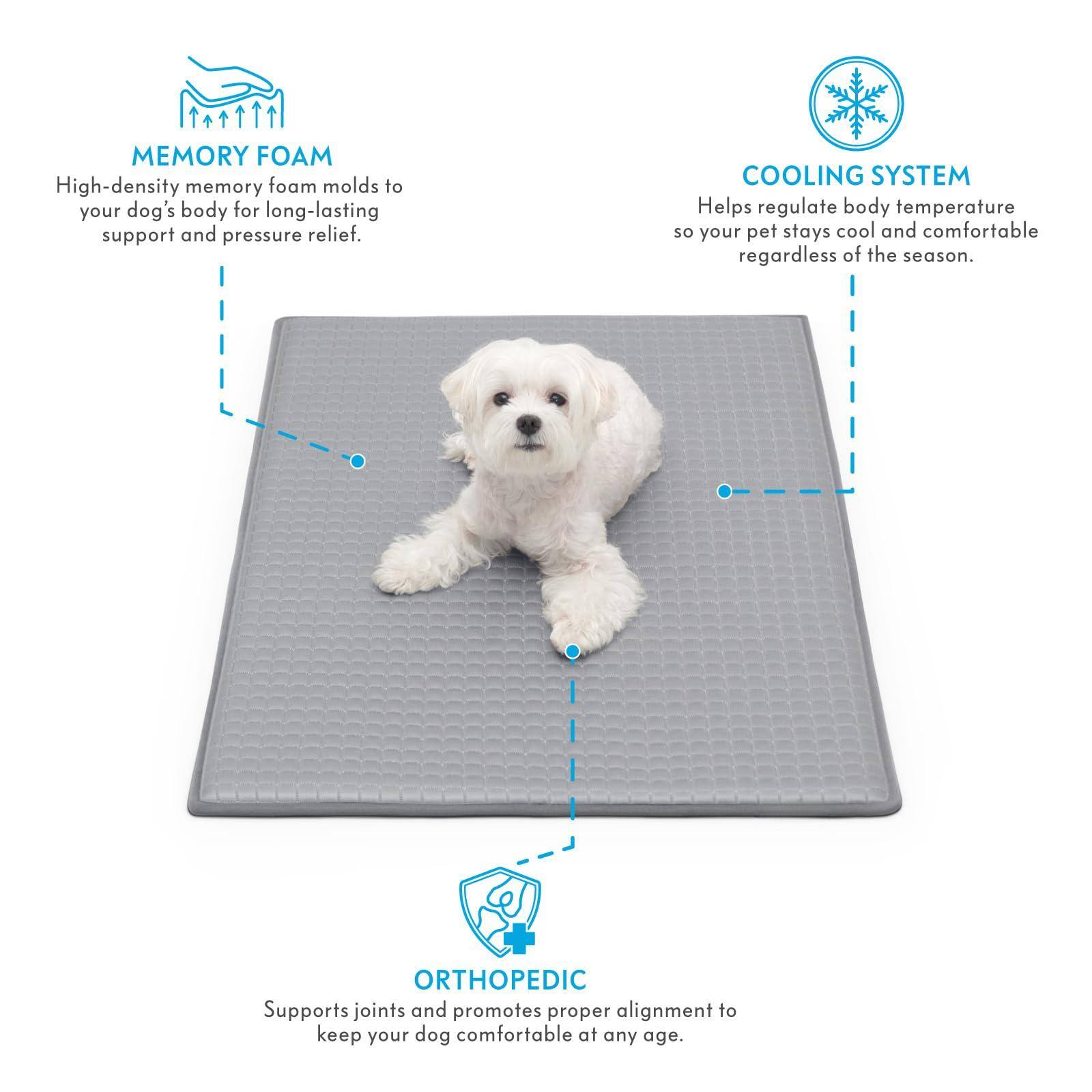 MEMORY FOAM  
High-density memory foam molds to your dog's body for long-lasting support and pressure relief.

COOLING SYSTEM  
Helps regulate body temperature so your pet stays cool and comfortable regardless of the season.

ORTHOPEDIC  
Supports joints and promotes proper alignment to keep your dog comfortable at any age.
