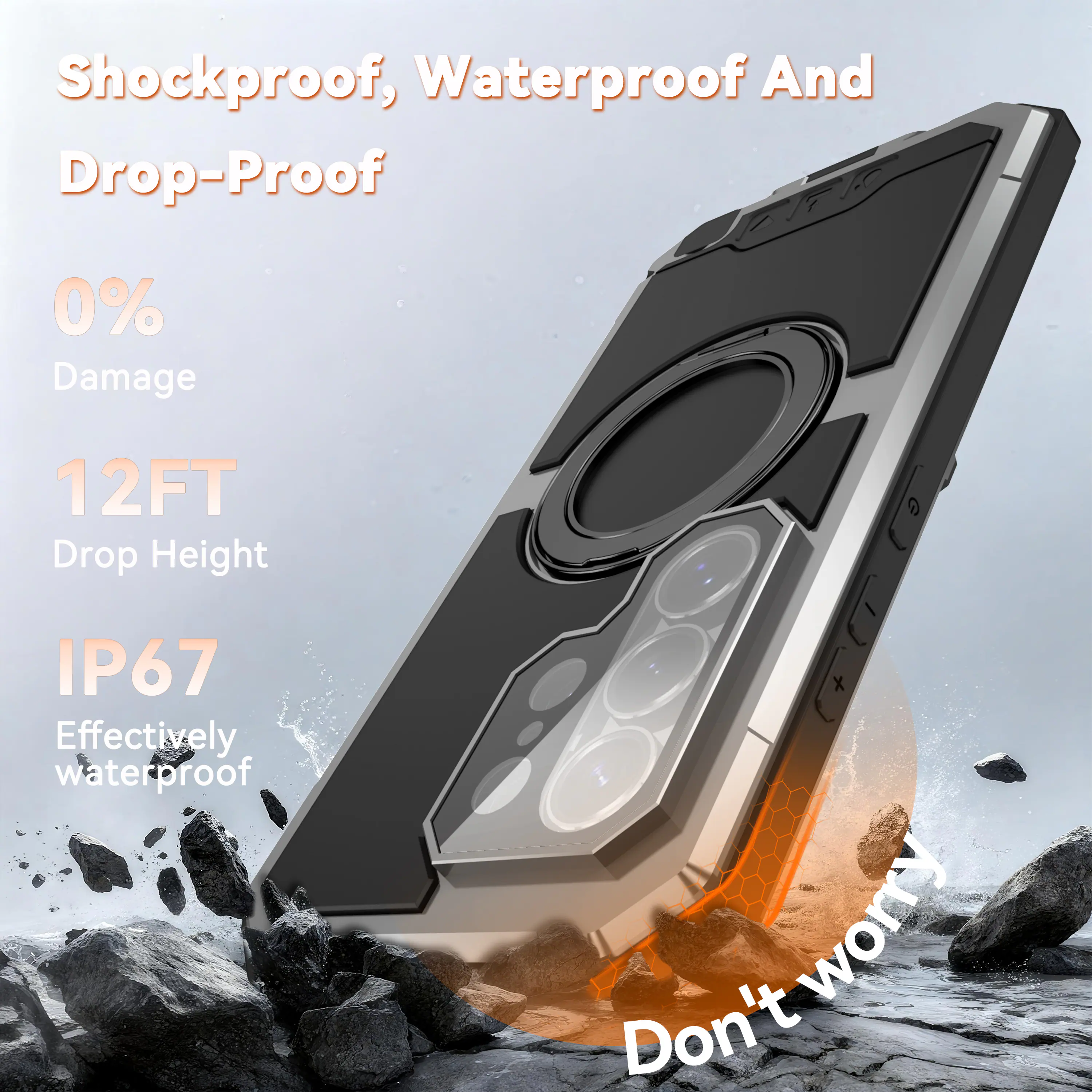 Shockproof, Waterproof And Drop-Proof  
0% Damage  
12FT Drop Height  
IP67 Effectively waterproof  
Don't worry