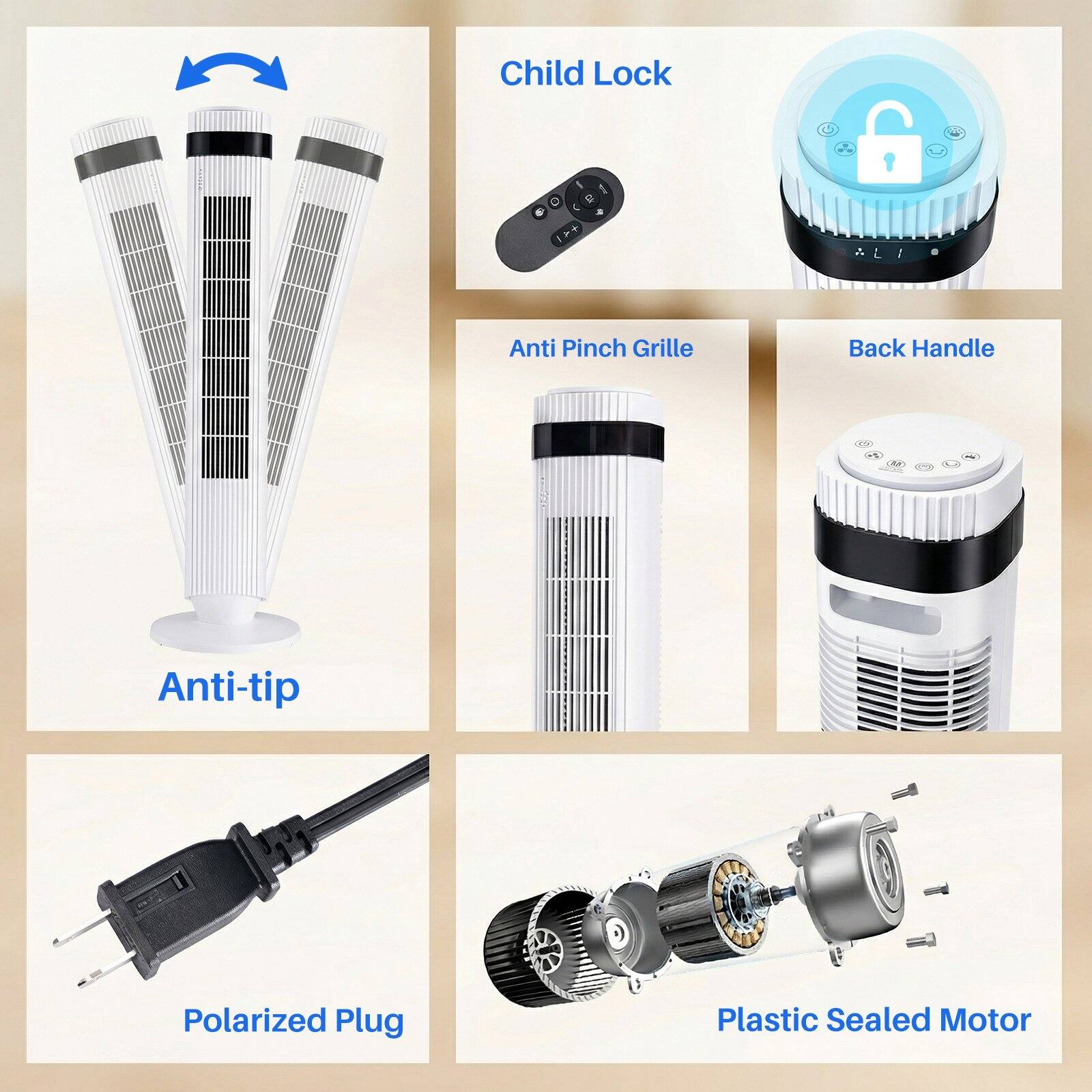 Child Lock  
Anti Pinch Grille  
Back Handle  
Anti-tip  
Polarized Plug  
Plastic Sealed Motor