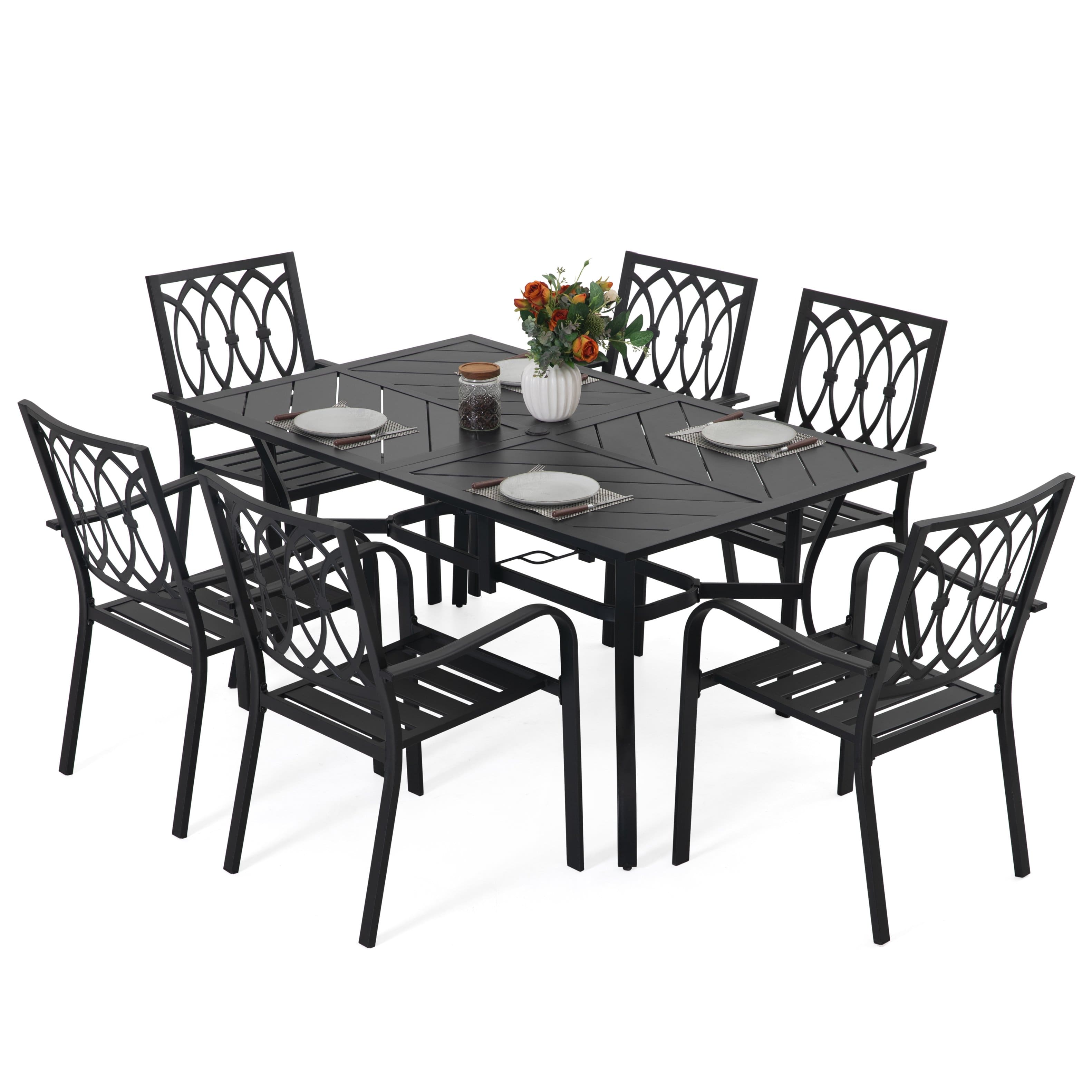 Nuu Garden - 7-Piece Metal Patio Dining Set with Umbrella Hole and 6 Stackable Chairs - Black