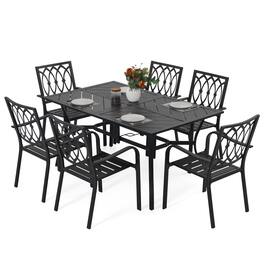 Nuu Garden - 7-Piece Metal Patio Dining Set with Umbrella Hole and 6 Stackable Chairs - Black