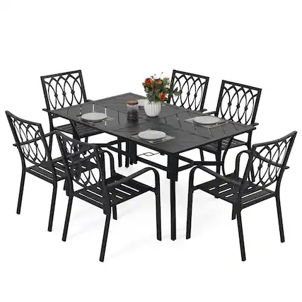 Front. Nuu Garden - 7-Piece Metal Patio Dining Set with Umbrella Hole and 6 Stackable Chairs - Black.