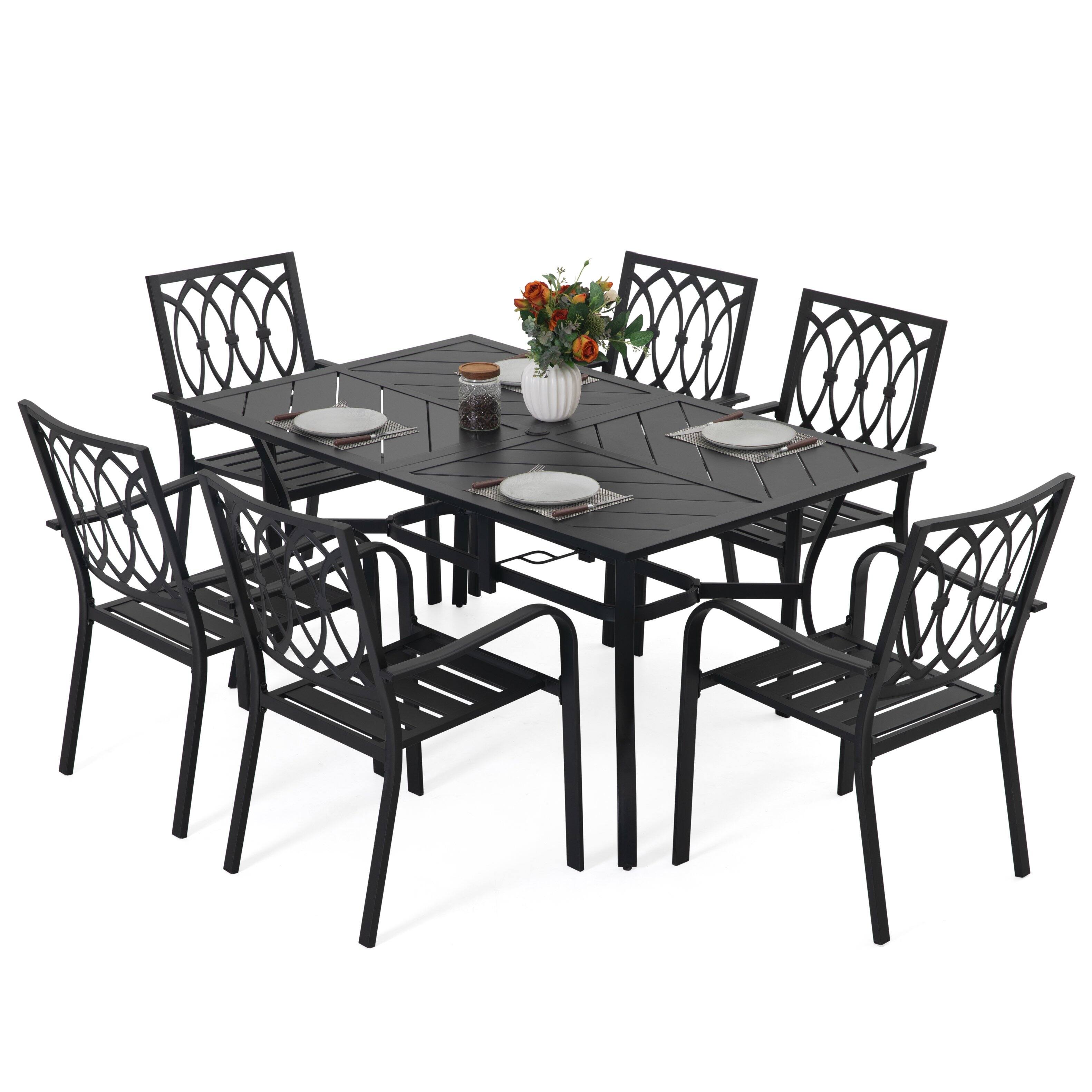 Front. Nuu Garden - 7-Piece Metal Patio Dining Set with Umbrella Hole and 6 Stackable Chairs - Black.