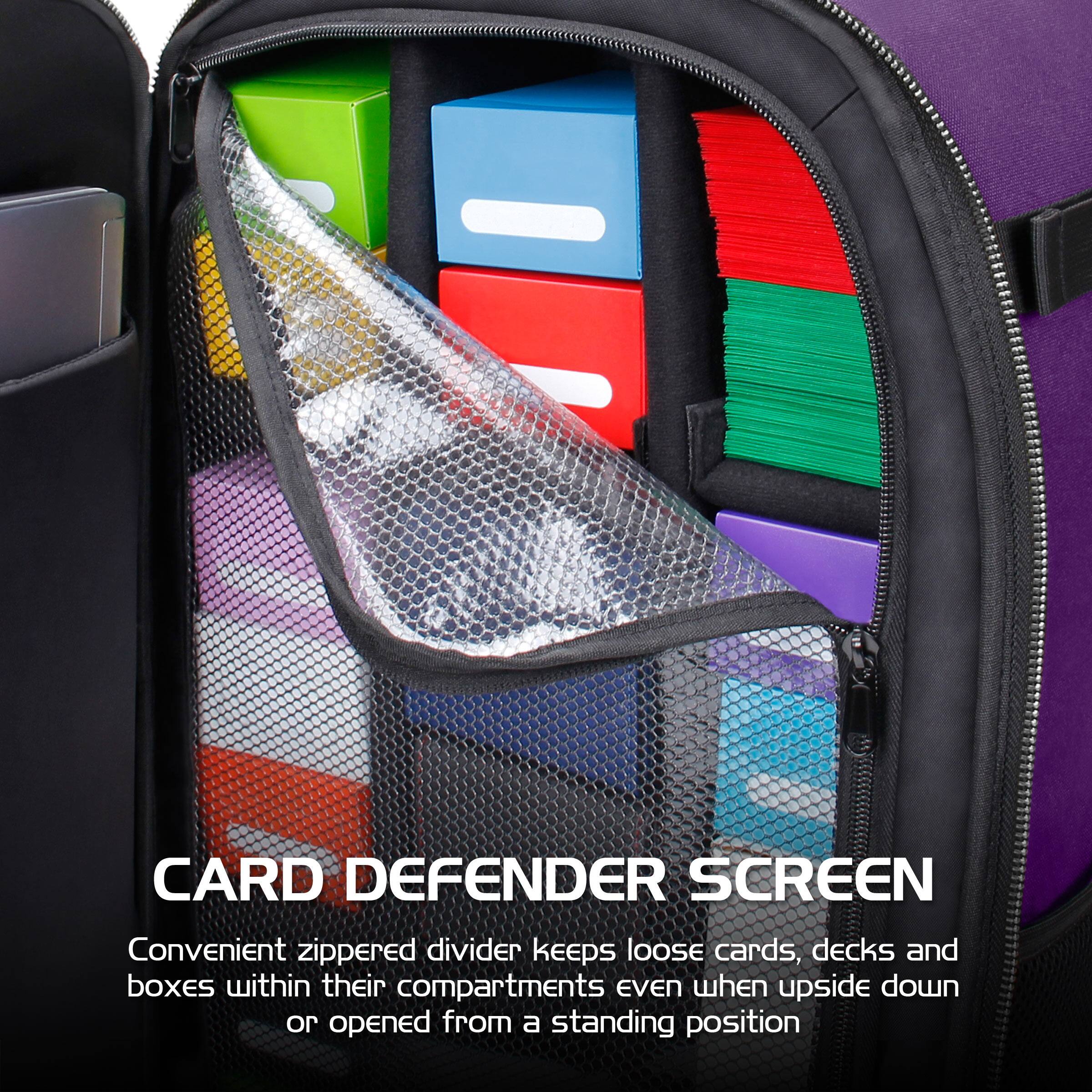 CARD DEFENDER SCREEN  
Convenient zippered divider keeps loose cards, decks and boxes within their compartments even when upside down or opened from a standing position