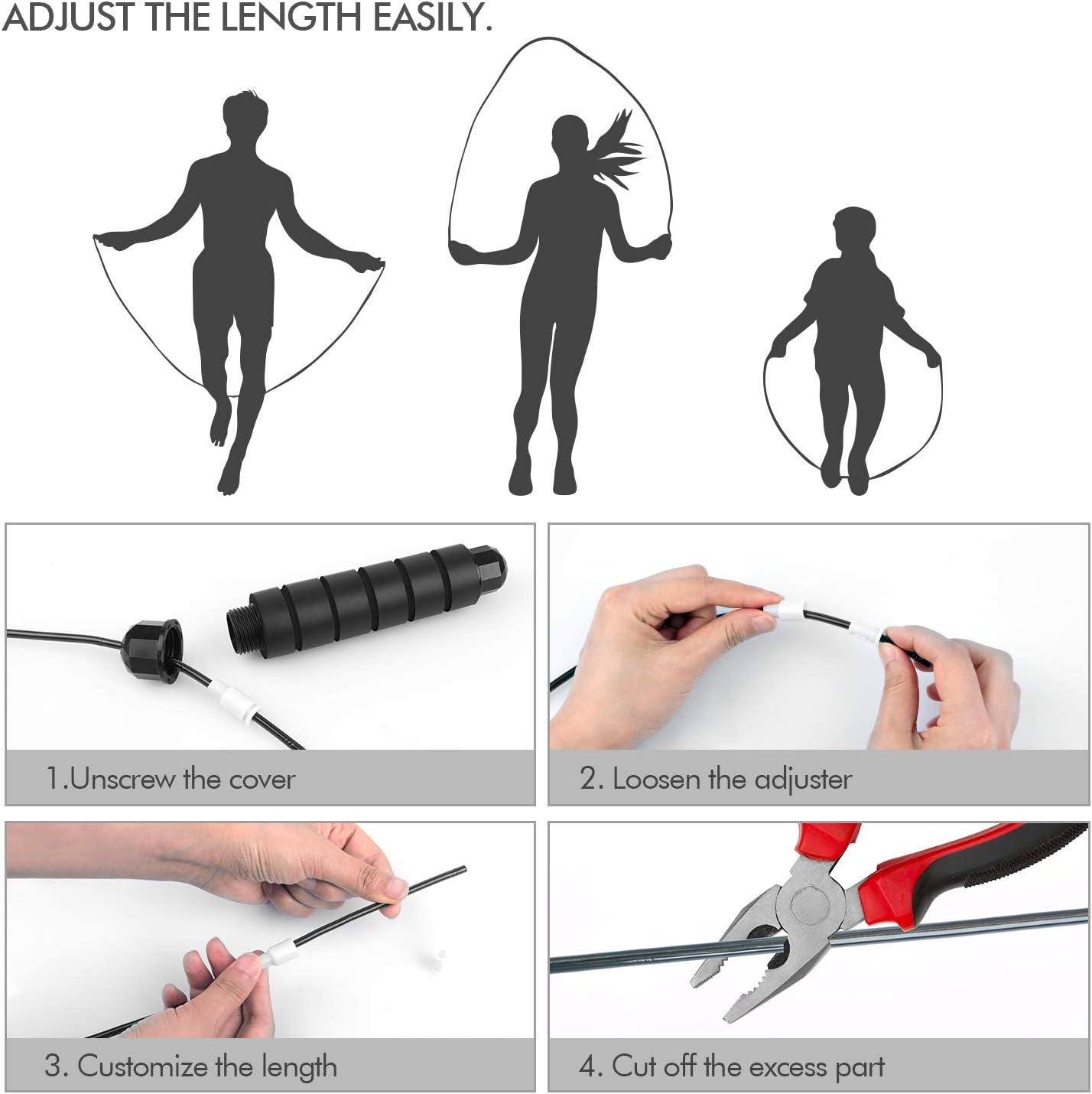 ADJUST THE LENGTH EASILY.

1. Unscrew the cover
2. Loosen the adjuster
3. Customize the length
4. Cut off the excess part
