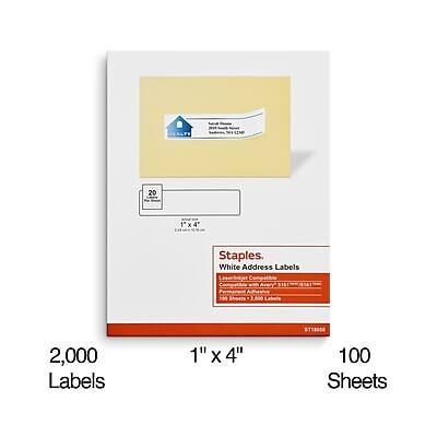 20 1x4 Staples White Address Labels  
2,000 Labels  
1" x 4"  
100 Sheets