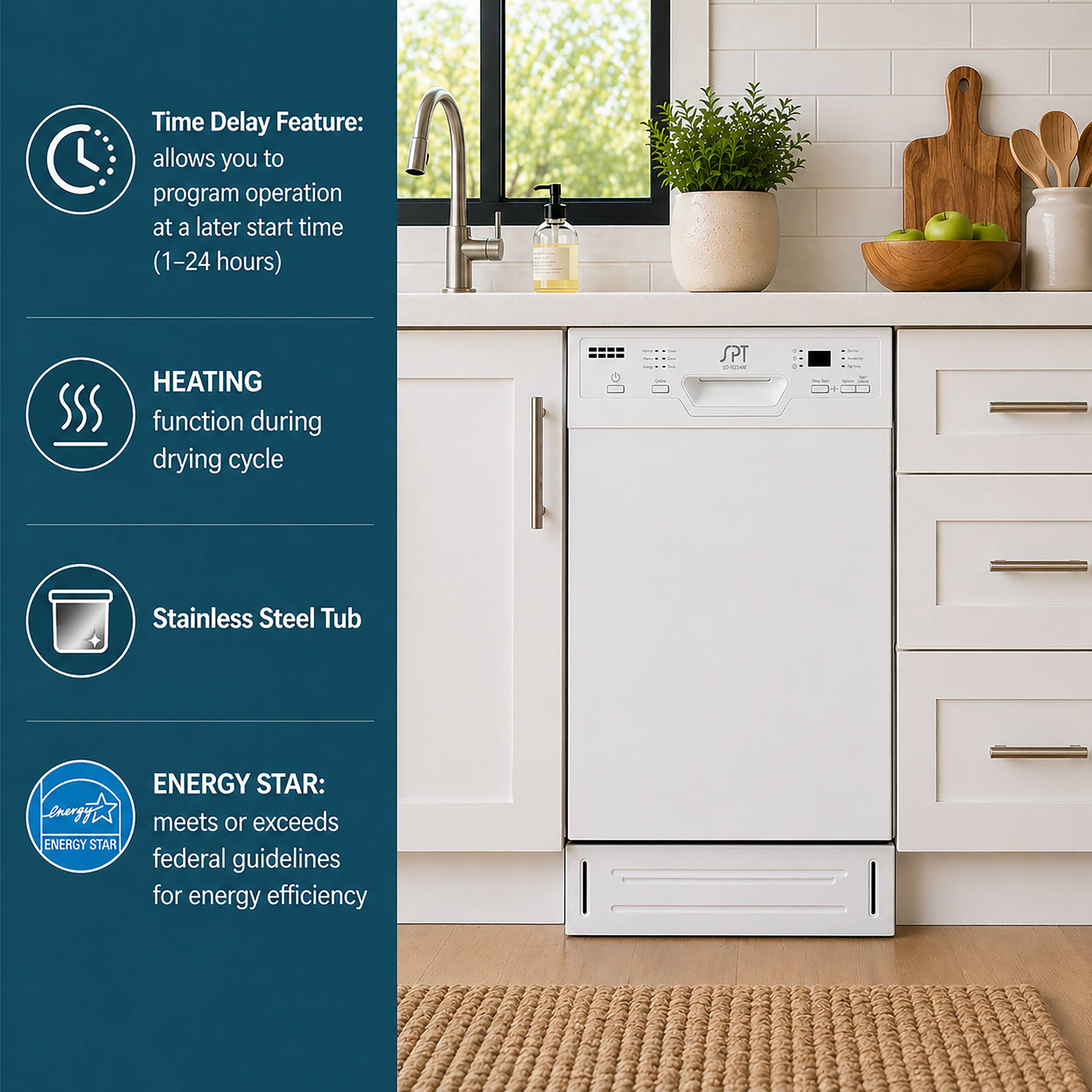 - Time Delay Feature: allows you to program operation at a later start time (1-24 hours)
- HEATING function during drying cycle
- Stainless Steel Tub
- ENERGY STAR: meets or exceeds federal guidelines for energy efficiency