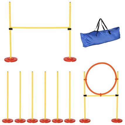 Front. Pawhut - 3PCs Dog Agility Training Equipment, Outdoor Obstacle Course Starter Kit with Hoop, Hurdle, Weave Poles, Carrying Bag - Yellow.