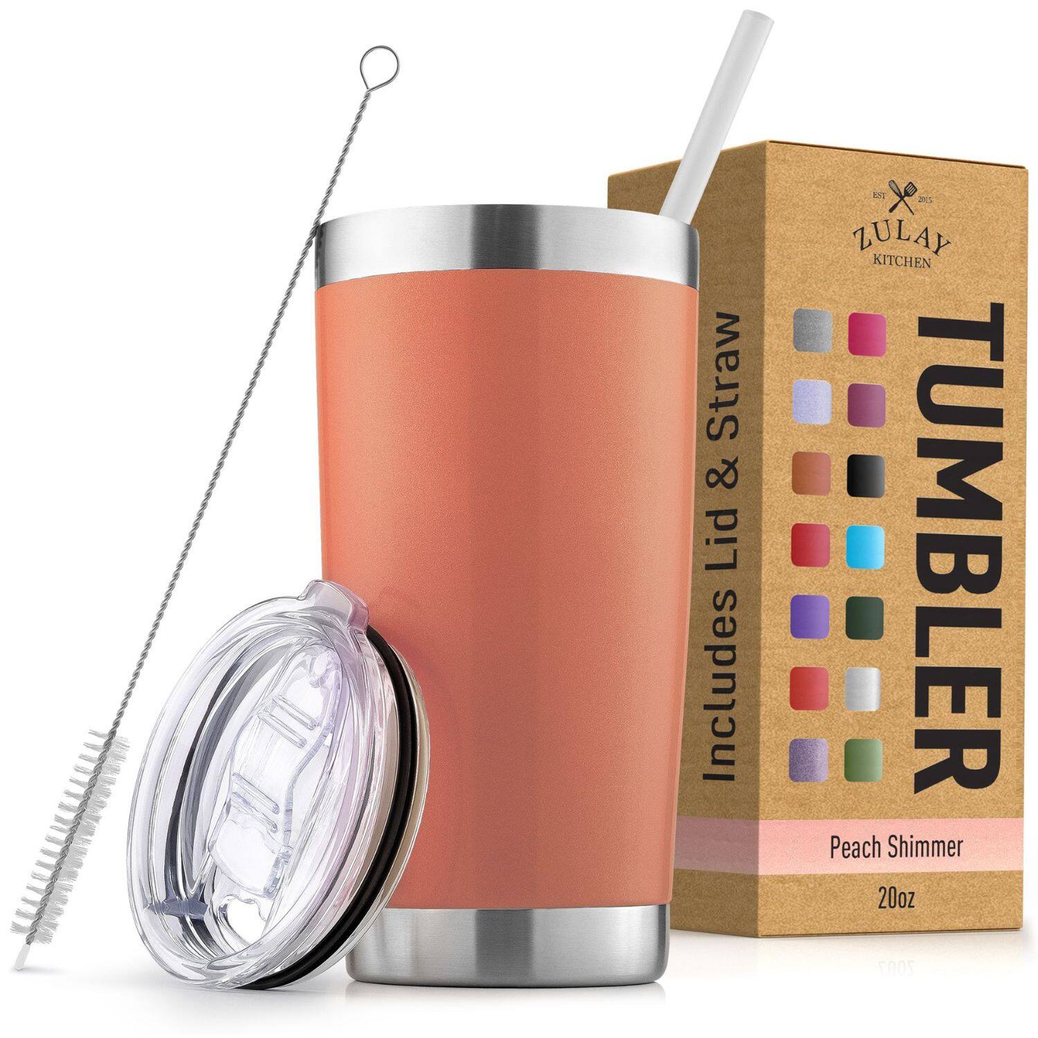 Zulay Kitchen - 20oz Double Walled Insulated Tumbler with Lid and Straw - Peach Shimmer