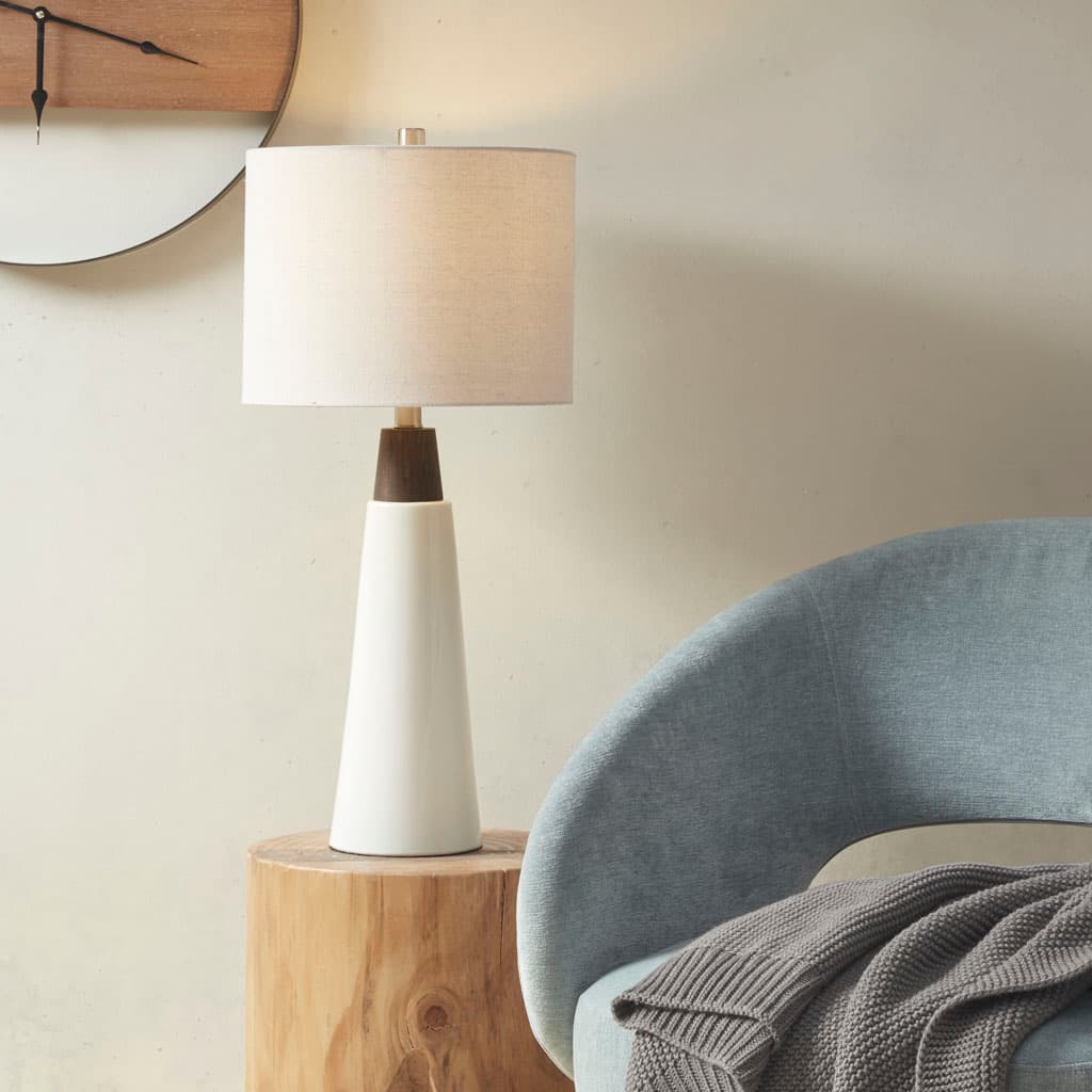 Left. Luckbyte - Triangular Ceramic Wood Table Lamp.