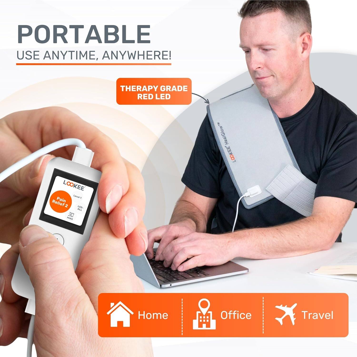 PORTABLE USE ANYTIME, ANYWHERE! THERAPY GRADE RED LED HealGlow C OKEE kaVAS Pain Relief z L80 ML 30 MINS Home Office Travel