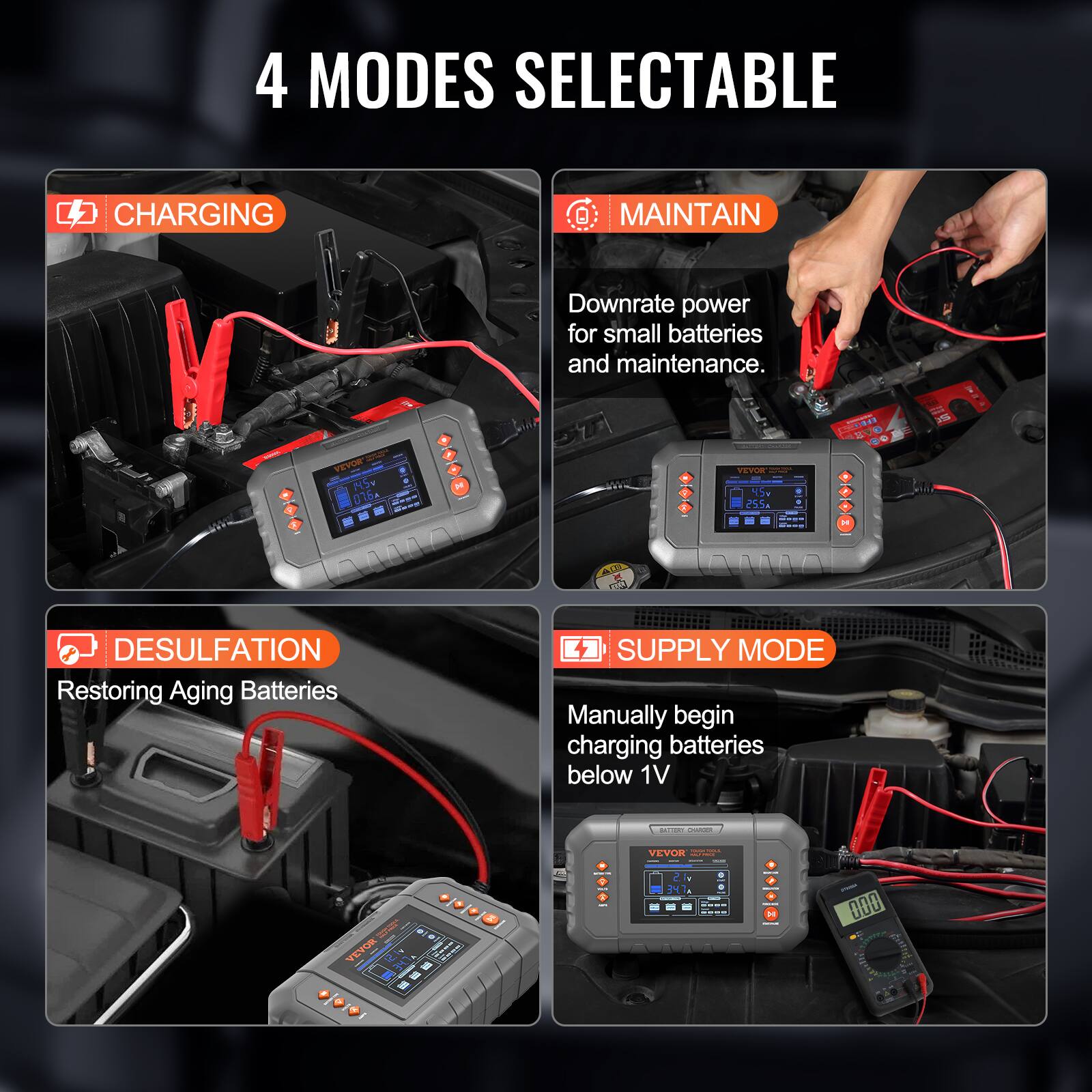 4 MODES SELECTABLE

- CHARGING
- MAINTAIN
  - Downrate power for small batteries and maintenance.
- DESULFATION
  - Restoring Aging Batteries
- SUPPLY MODE
  - Manually begin charging batteries below 1V