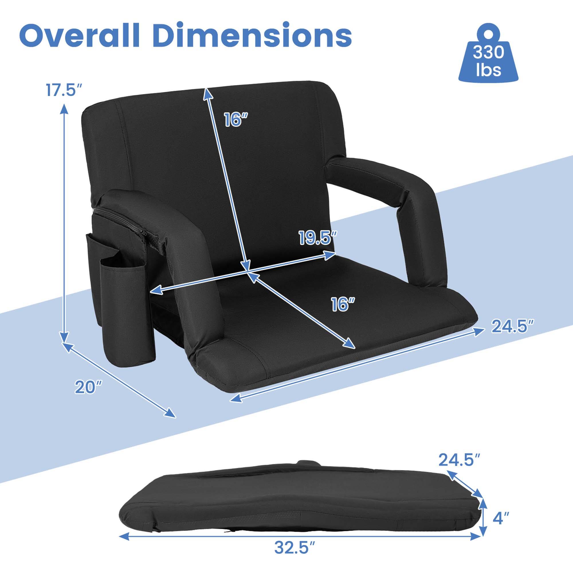 Overall Dimensions:  
- Height: 17.5"  
- Width: 24.5"  
- Depth: 32.5"  
- Seat Height: 16"  
- Seat Width: 19.5"  
- Armrest Height: 16"  
- Back Height: 20"  
- Cushion Thickness: 4"  
- Weight Capacity: 330 lbs