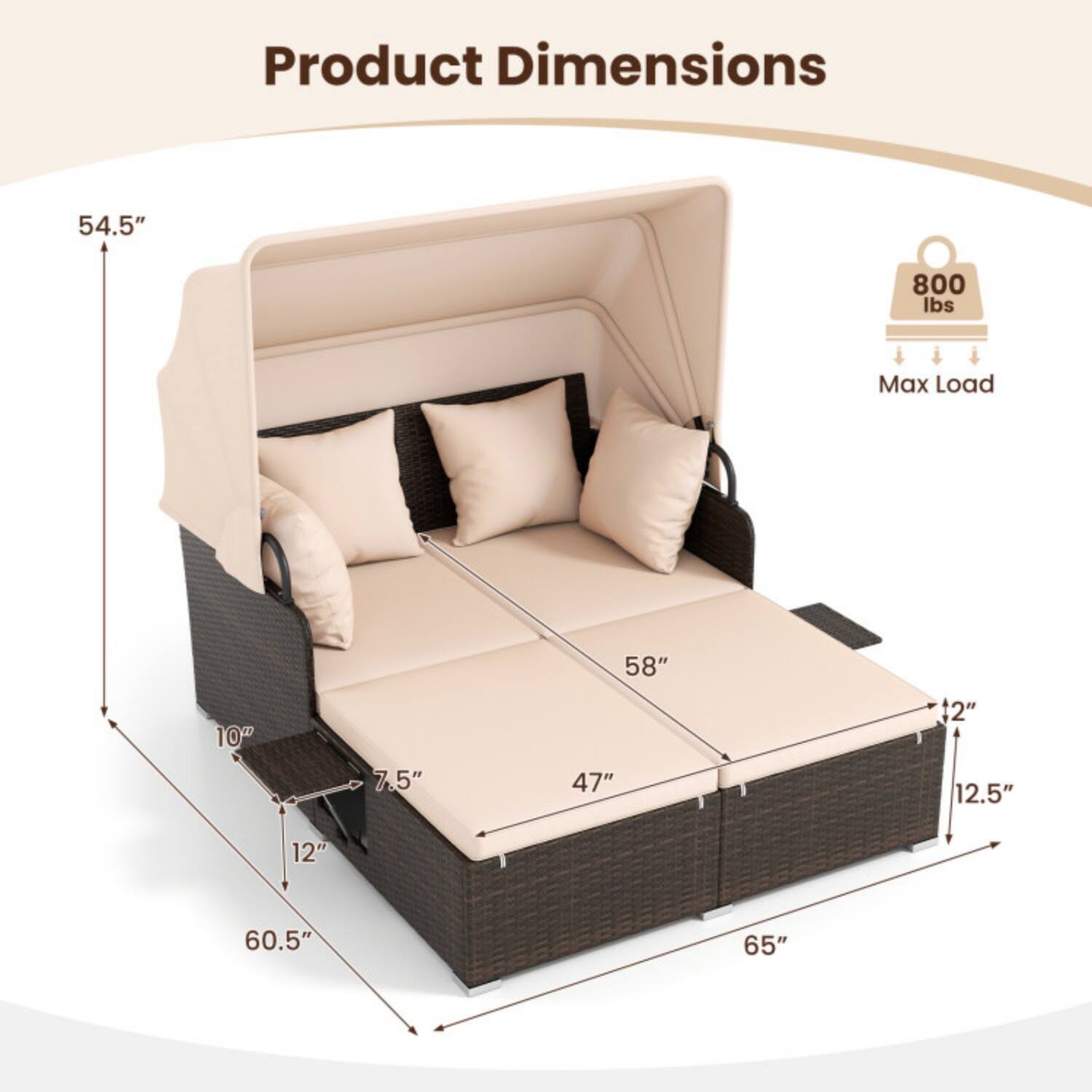 Product Dimensions:  
54.5" x 60.5" x 65"  
Max Load: 800 lbs  
Seat Dimensions: 58" x 47" x 12"  
Armrest: 10" x 7.5" x 12.5"