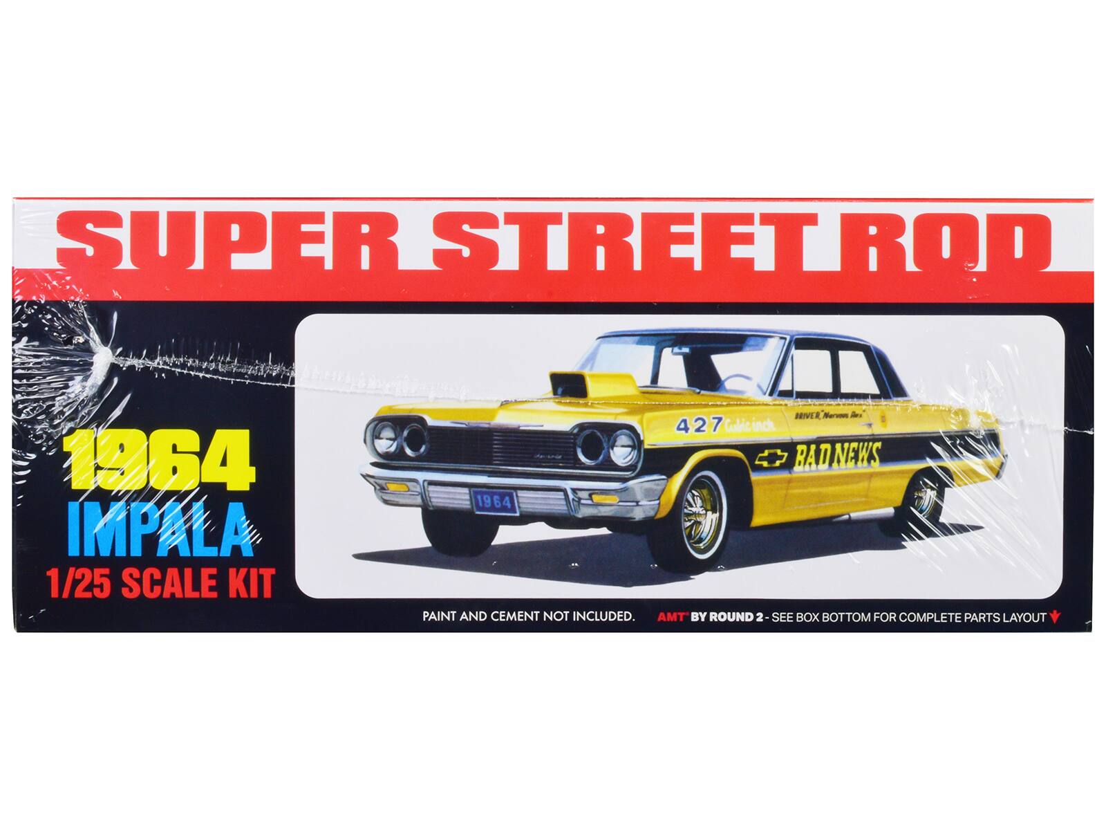 SUPER STREET ROD  
1964 IMPALA  
1/25 SCALE KIT  

PAINT AND CEMENT NOT INCLUDED.  
AMT BY ROUND 2 - SEE BOX BOTTOM FOR COMPLETE PARTS LAYOUT