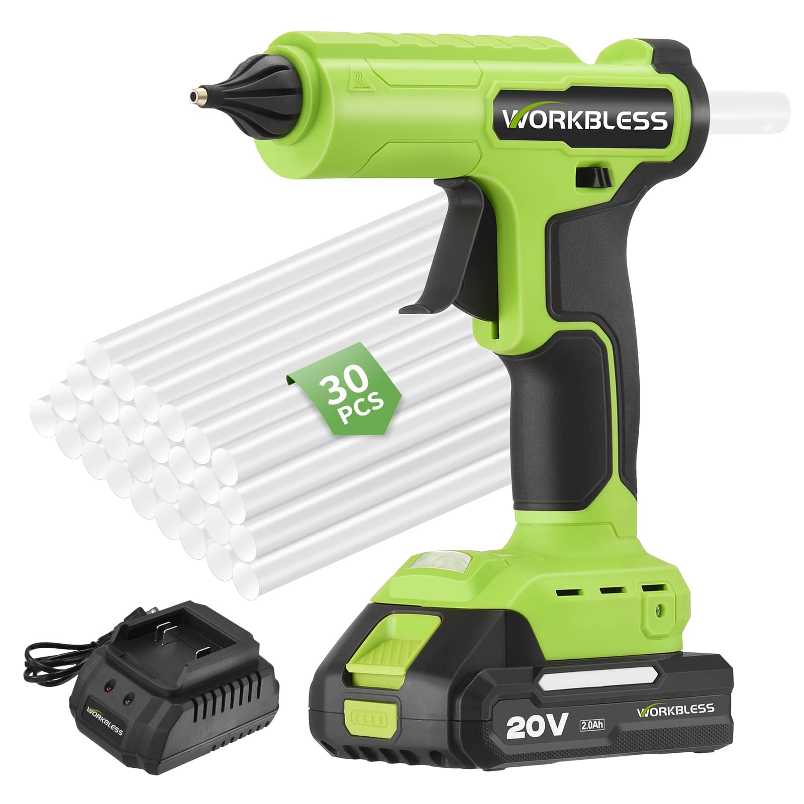 Unique Bargains - Cordless Hot Glue Gun, 20V 2Ah Battery, Leak-Proof Nozzle, Heavy Duty for Industrial & Crafts, 30pcs 11mm Glue Sticks - Green